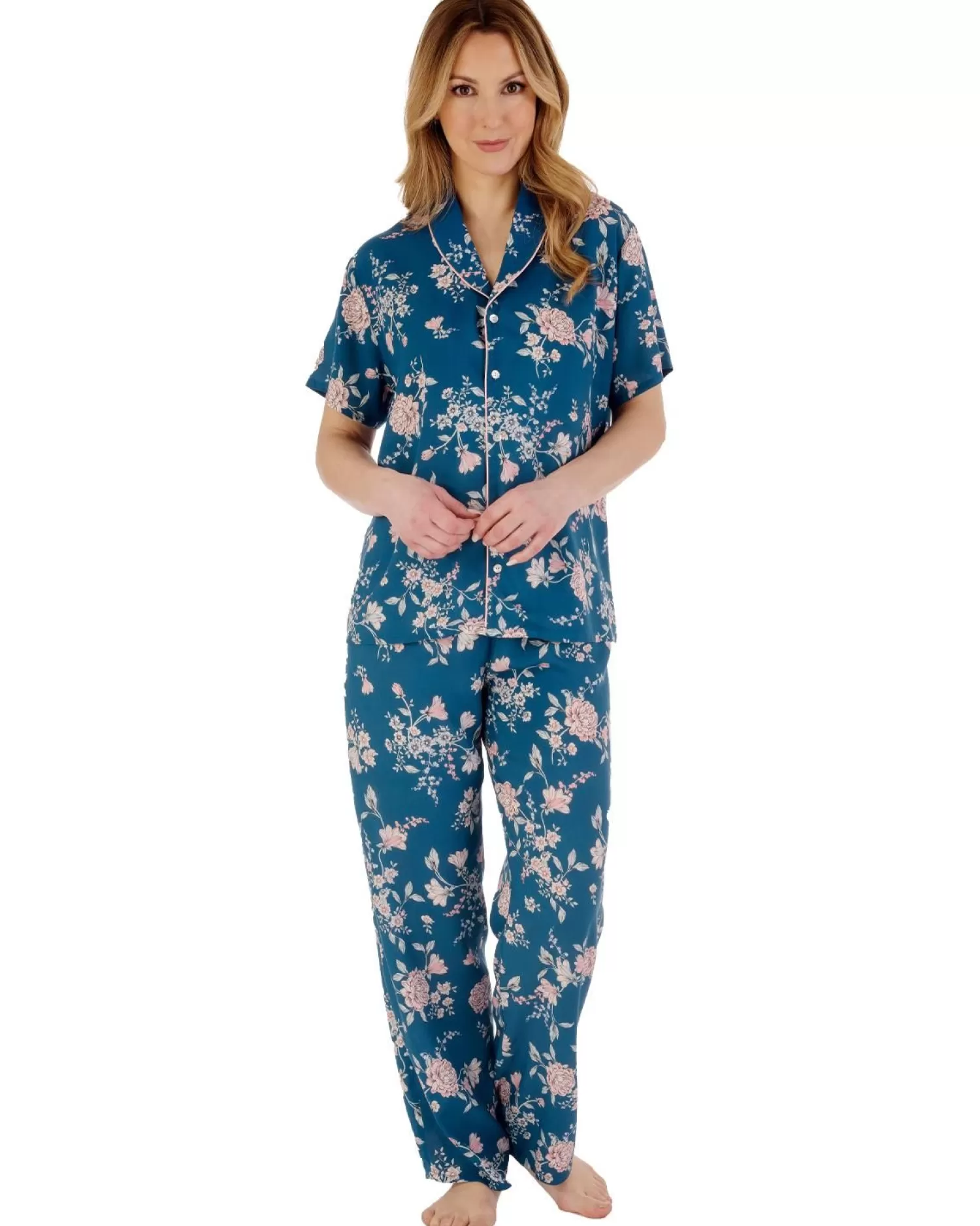 Slenderella Pyjamas | Gaspe By Short Sleeve Floral Tailored Pyjamas - Teal