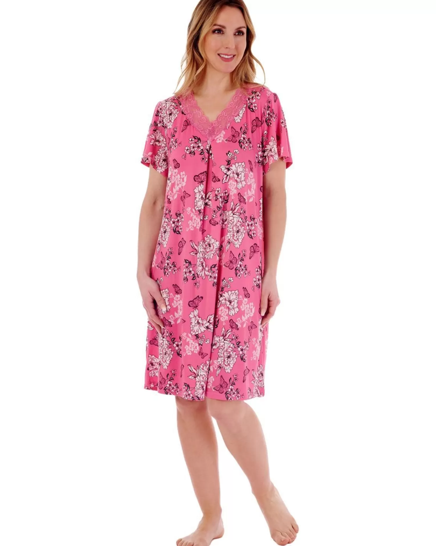 Slenderella Nighties | Gaspe By Short Sleeve Lace Nightie - Pink