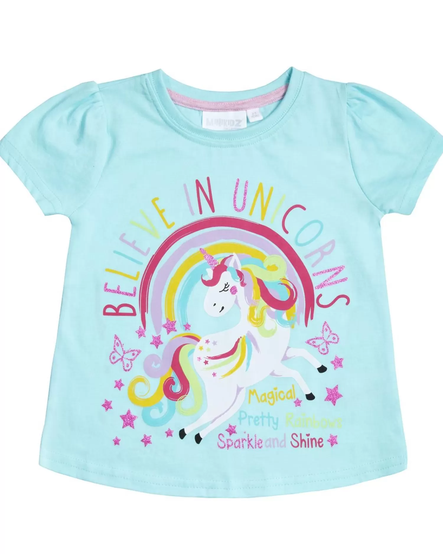 Kids Minikidz Girls Blue Unicorn Short Sleeve T-Shirt