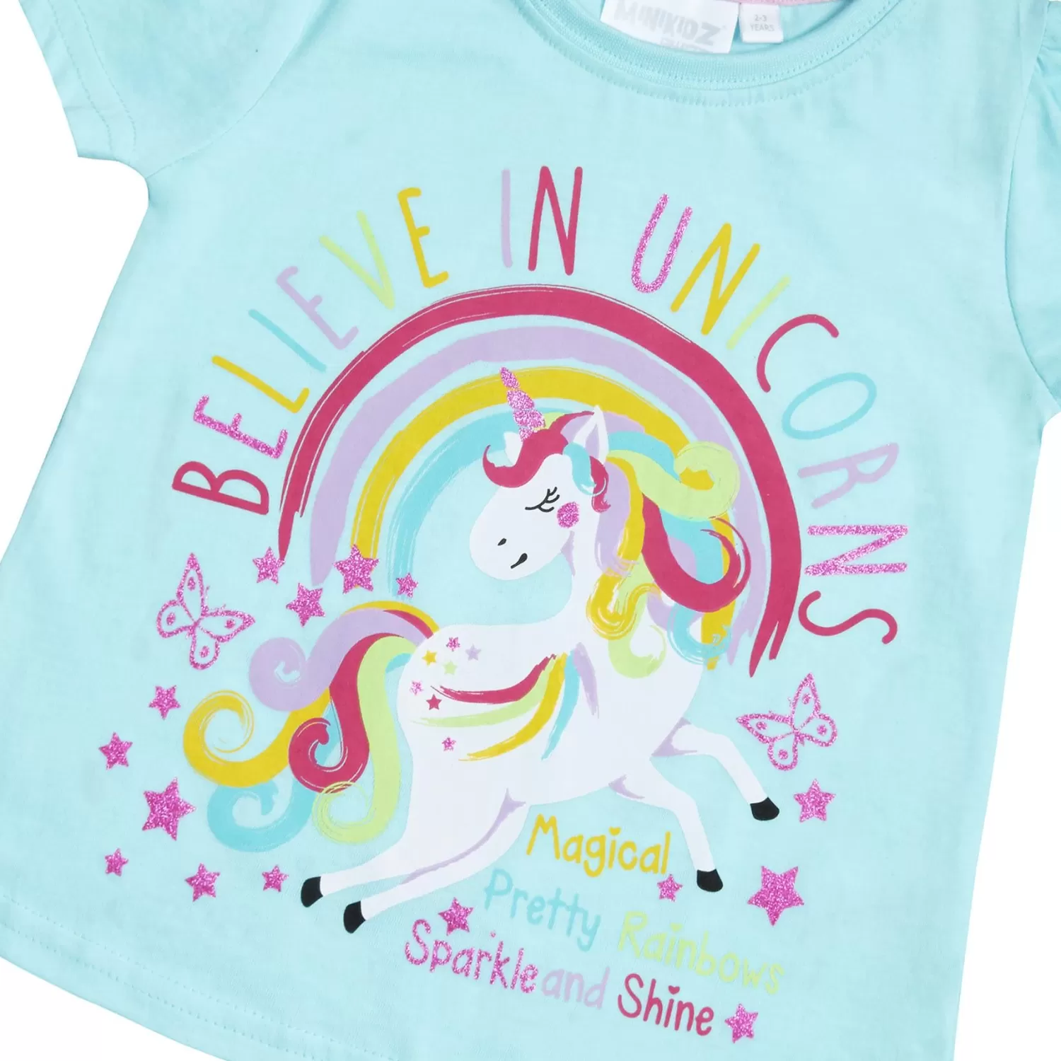 Kids Minikidz Girls Blue Unicorn Short Sleeve T-Shirt