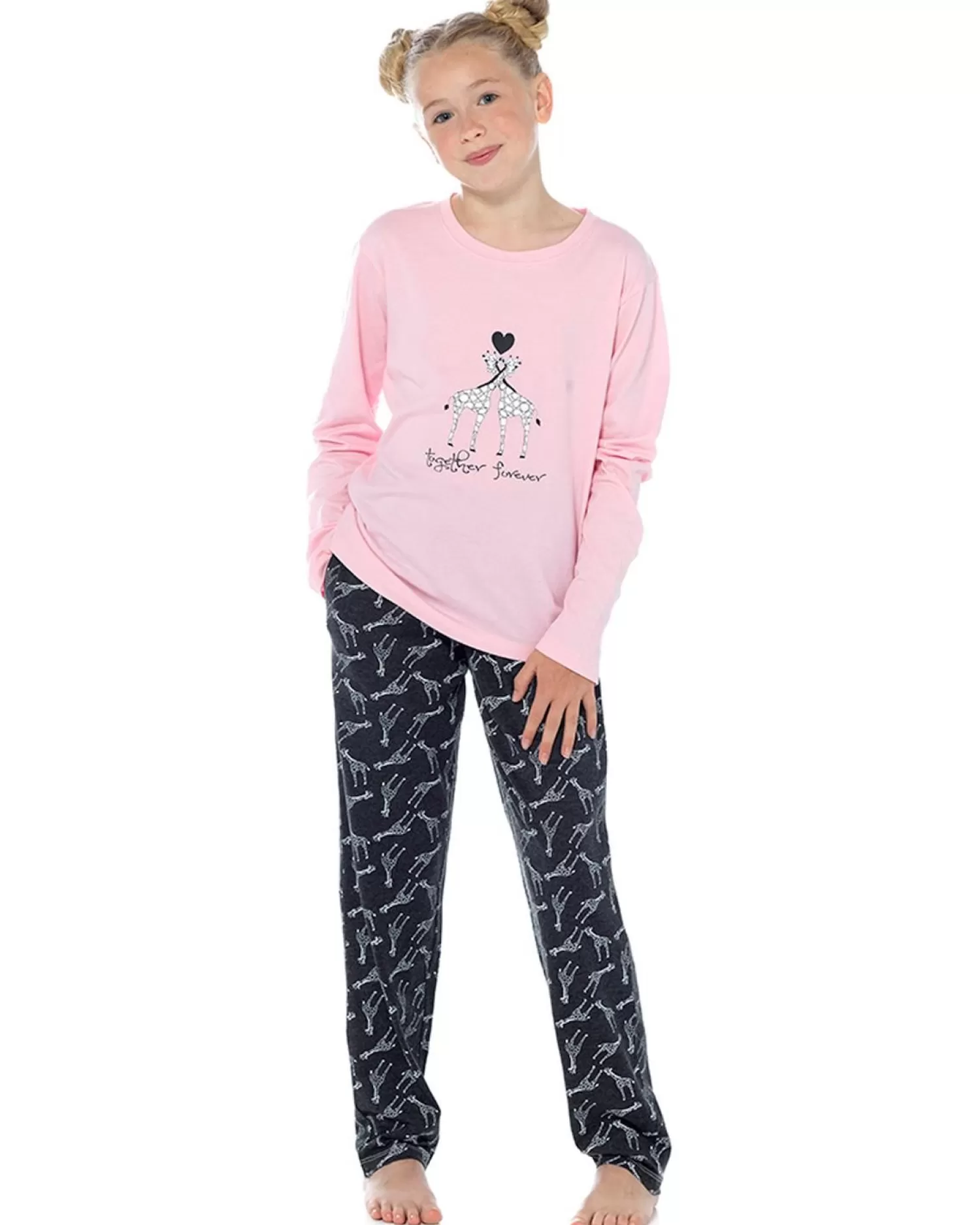 Kids Foxbury Girls Giraffe Print Pink Long Jersey Pyjamas