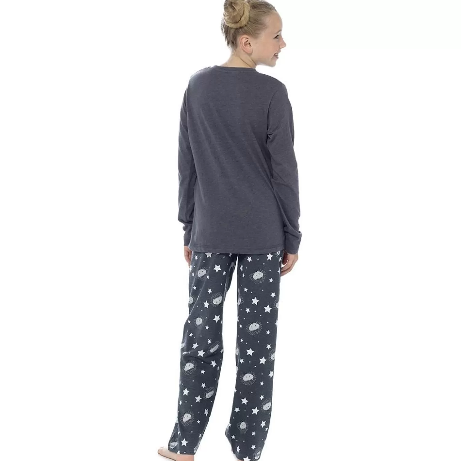 Kids Foxbury Girls Hedgehog Print Charcoal Long Jersey Pyjamas