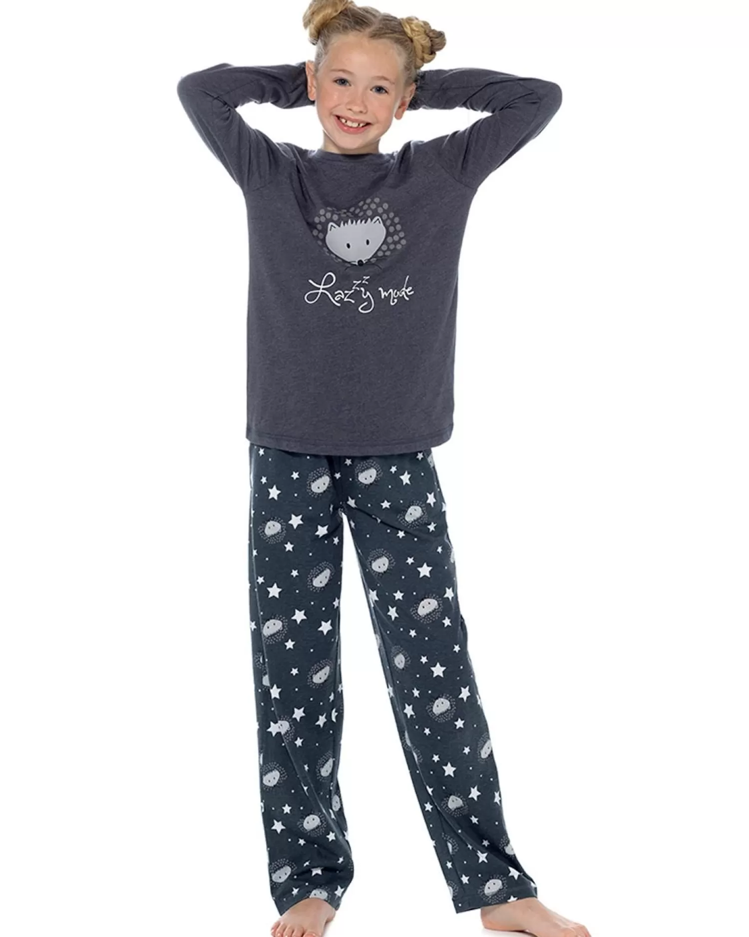 Kids Foxbury Girls Hedgehog Print Charcoal Long Jersey Pyjamas