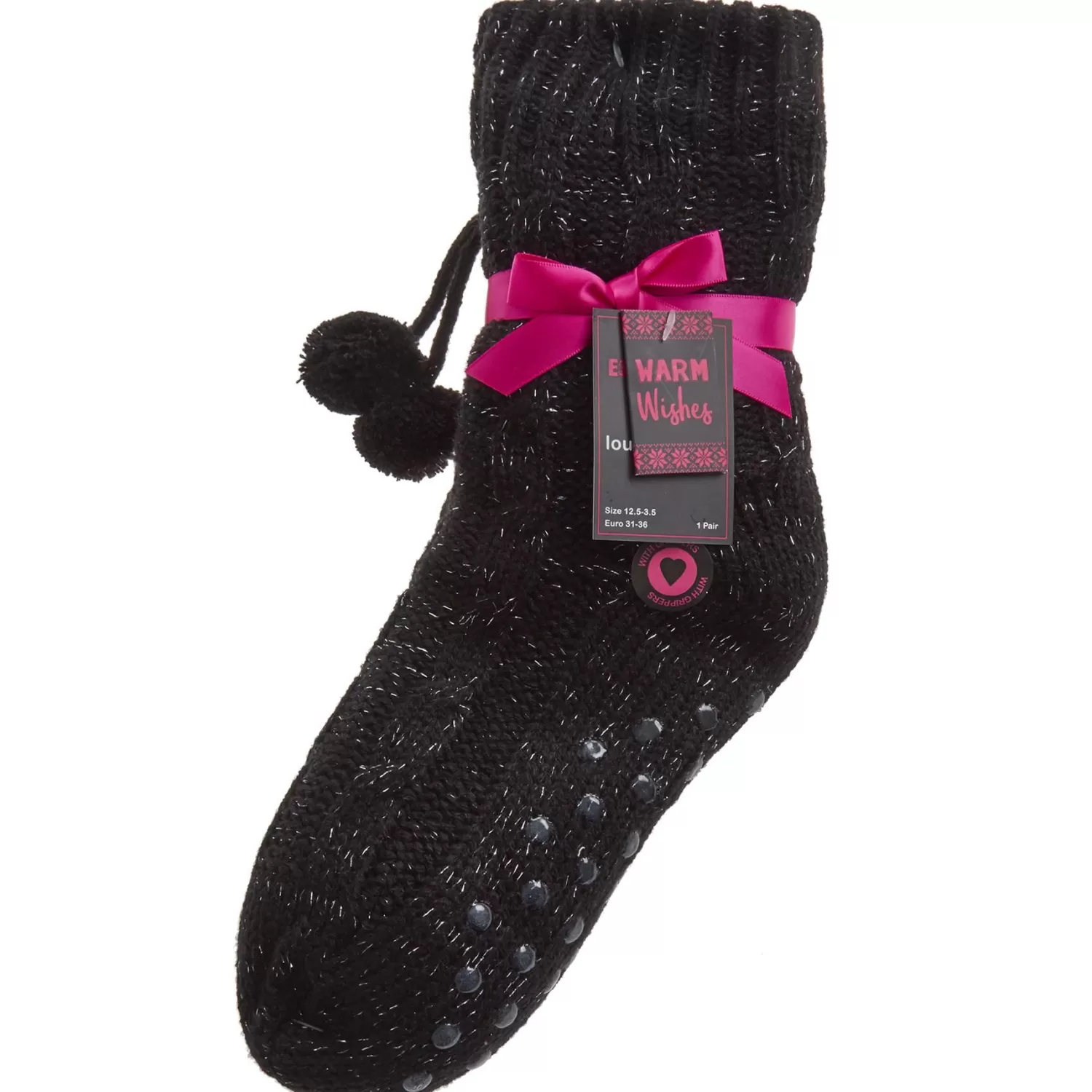 Kids * Girls Lurex Cable Knit Slipper Socks - Black