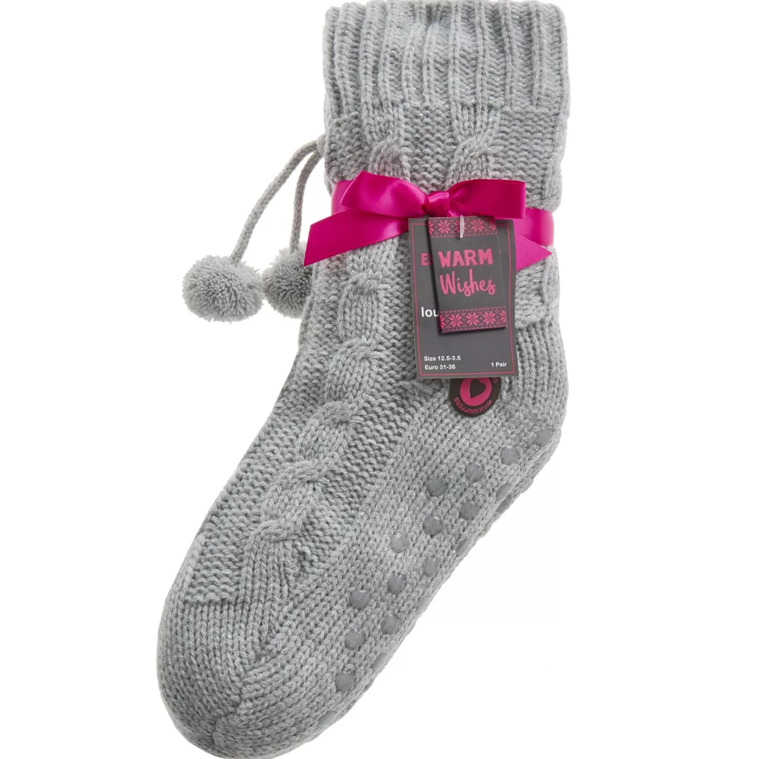 Kids * Girls Lurex Cable Knit Slipper Socks - Grey