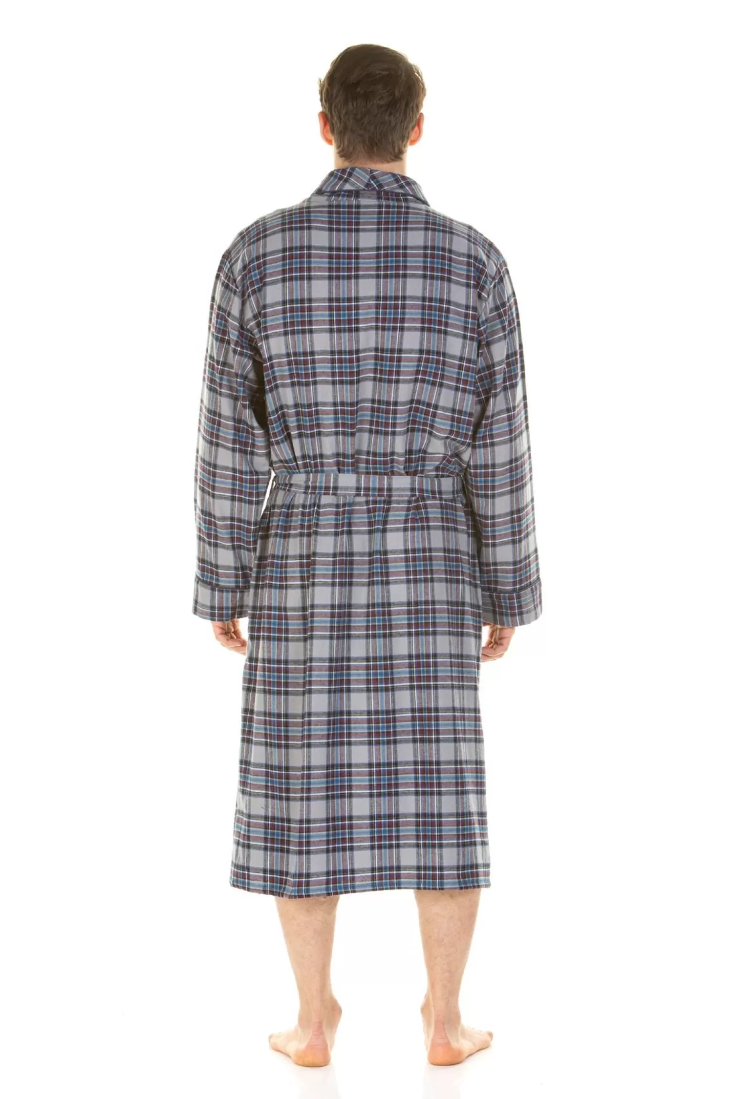 Men Haigman Brushed 100% Cotton Dressing Gown - Blue/Grey Check