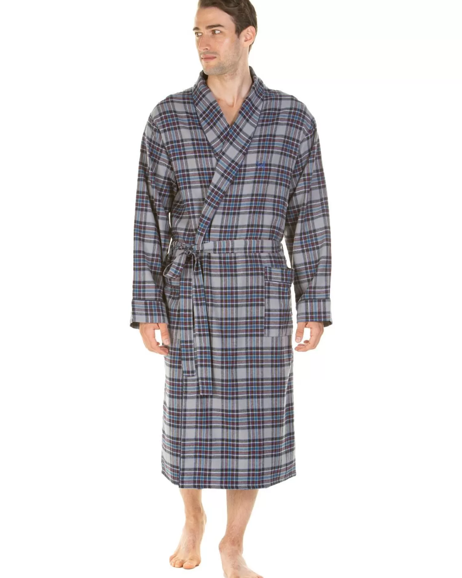 Men Haigman Brushed 100% Cotton Dressing Gown - Blue/Grey Check