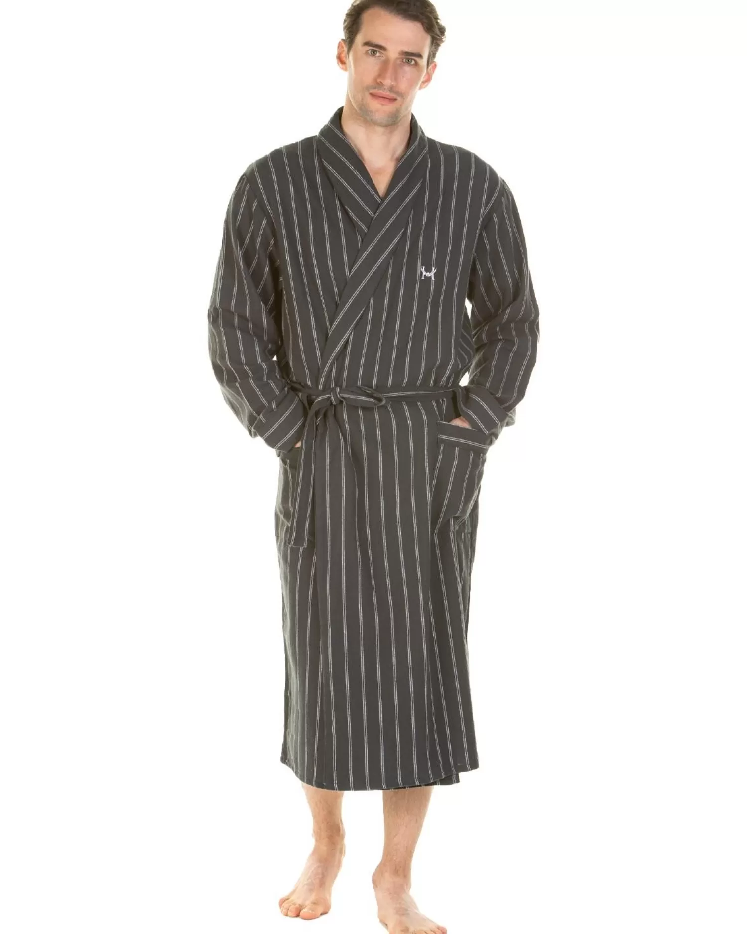 Men Haigman Brushed 100% Cotton Dressing Gown - Charcoal Stripe