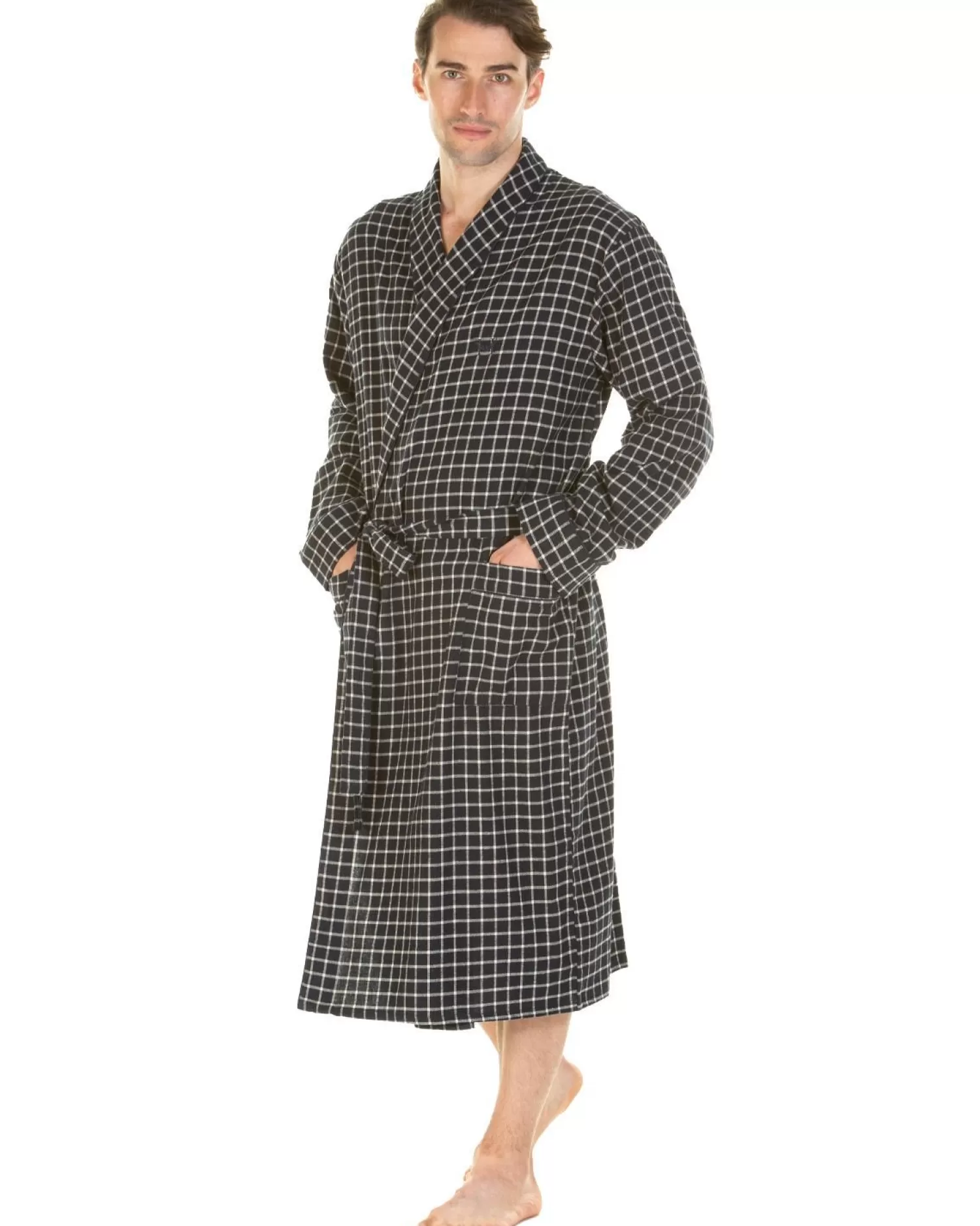 Men Haigman Brushed 100% Cotton Dressing Gown - Navy Check