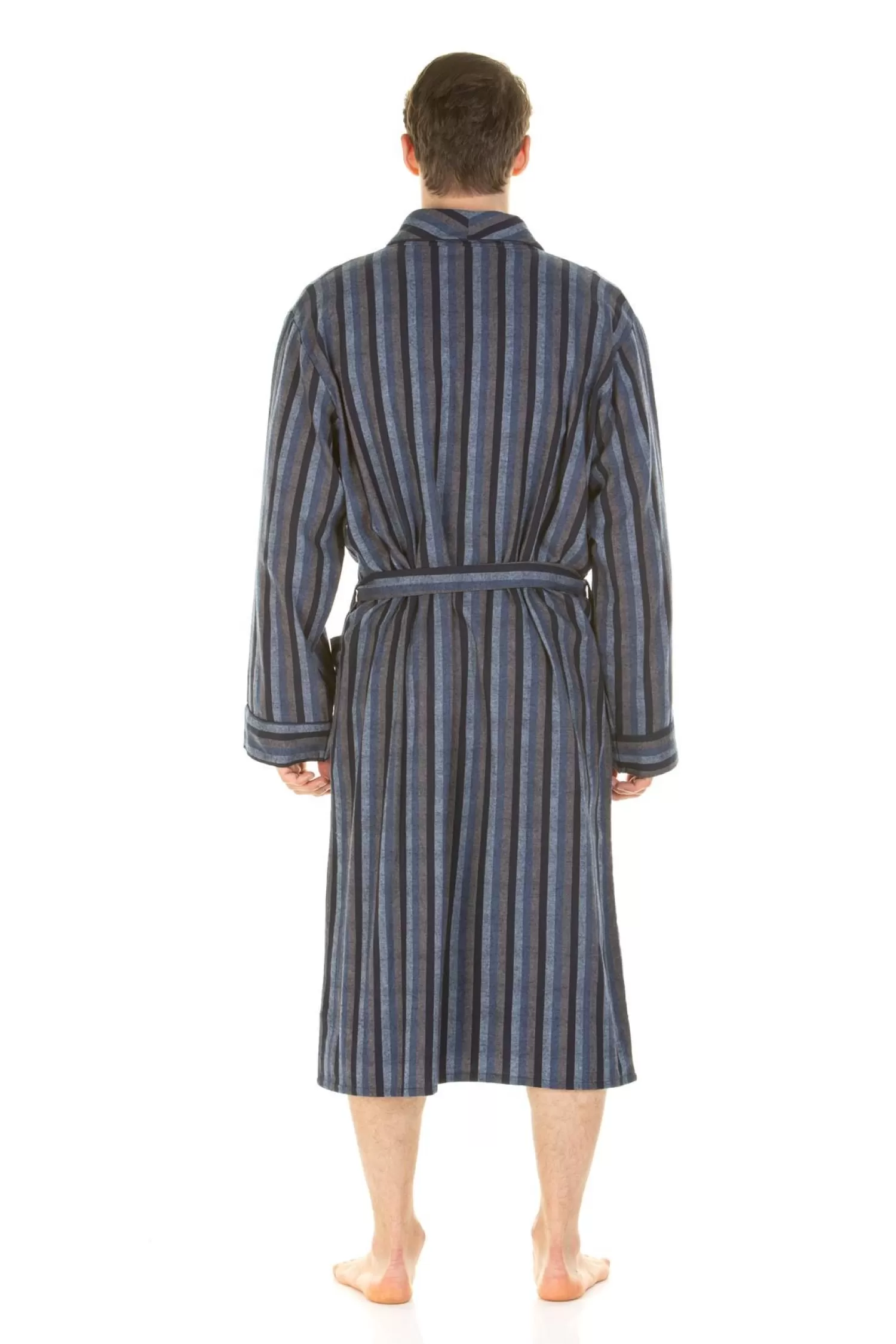 Men Haigman Brushed 100% Cotton Dressing Gown - Navy/Grey Stripe