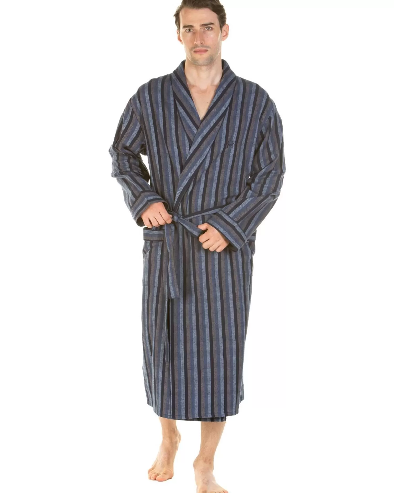 Men Haigman Brushed 100% Cotton Dressing Gown - Navy/Grey Stripe