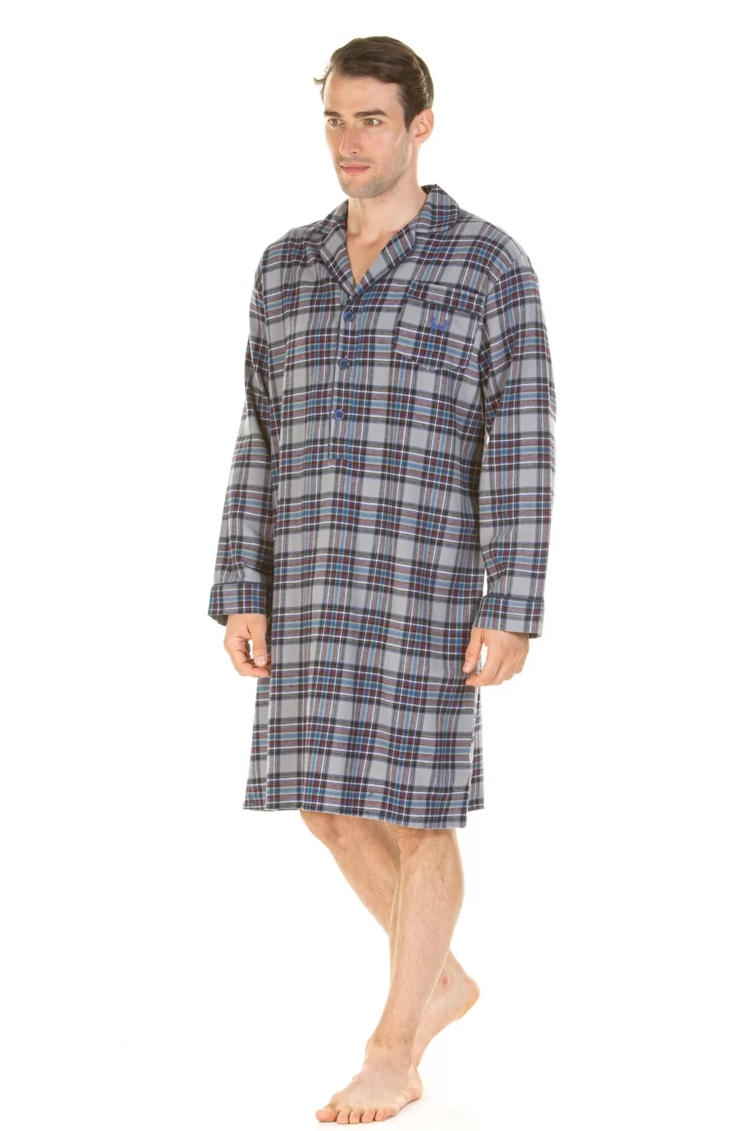 Men Haigman Brushed 100% Cotton Nightshirt - Blue/Grey Check