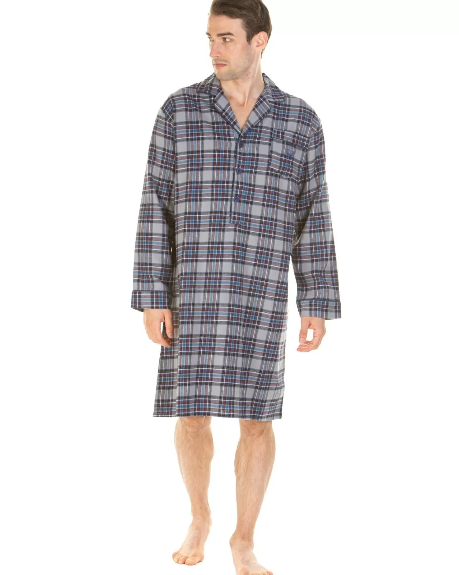 Men Haigman Brushed 100% Cotton Nightshirt - Blue/Grey Check