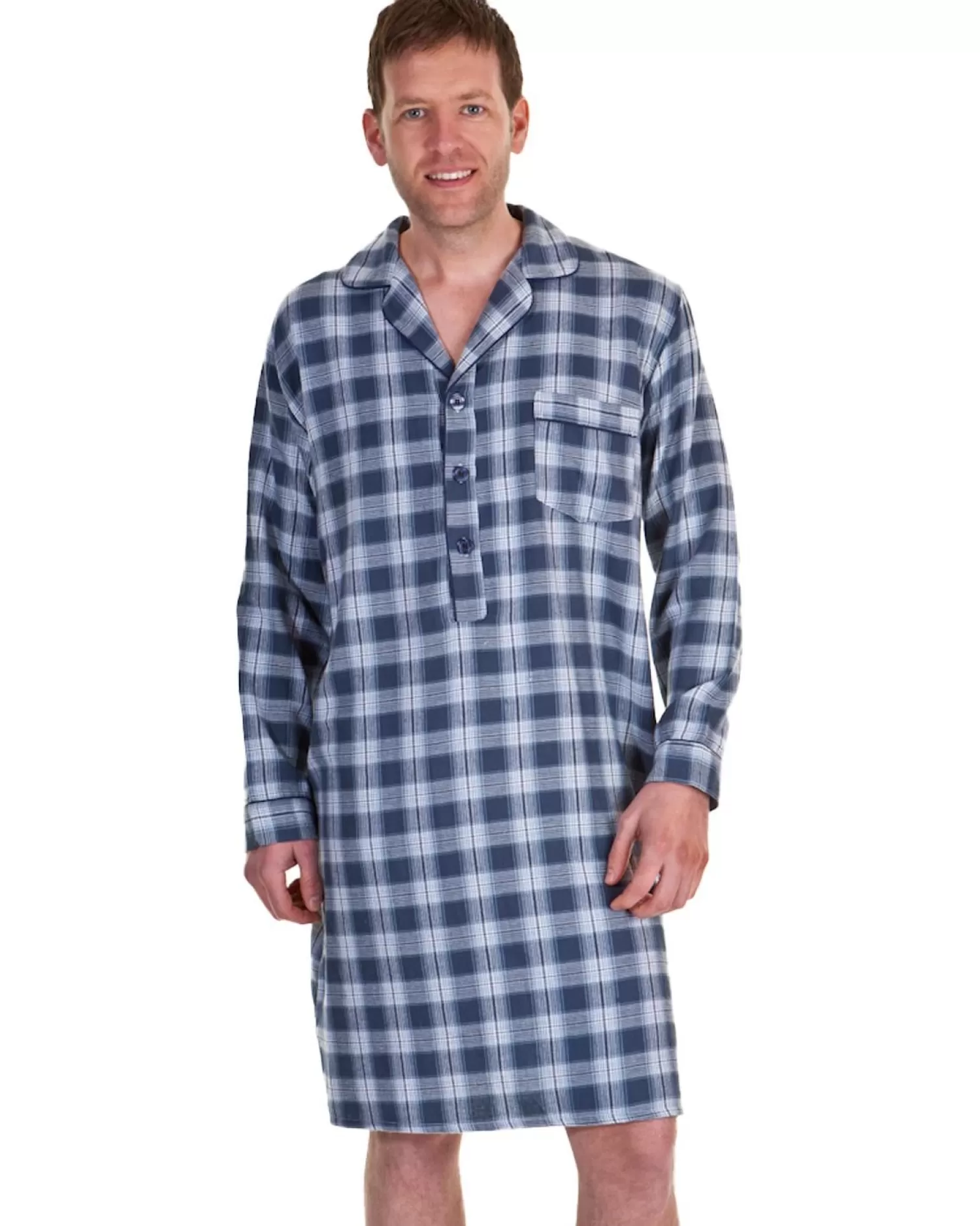 Men Haigman Brushed 100% Cotton Nightshirt - Blue/White Check