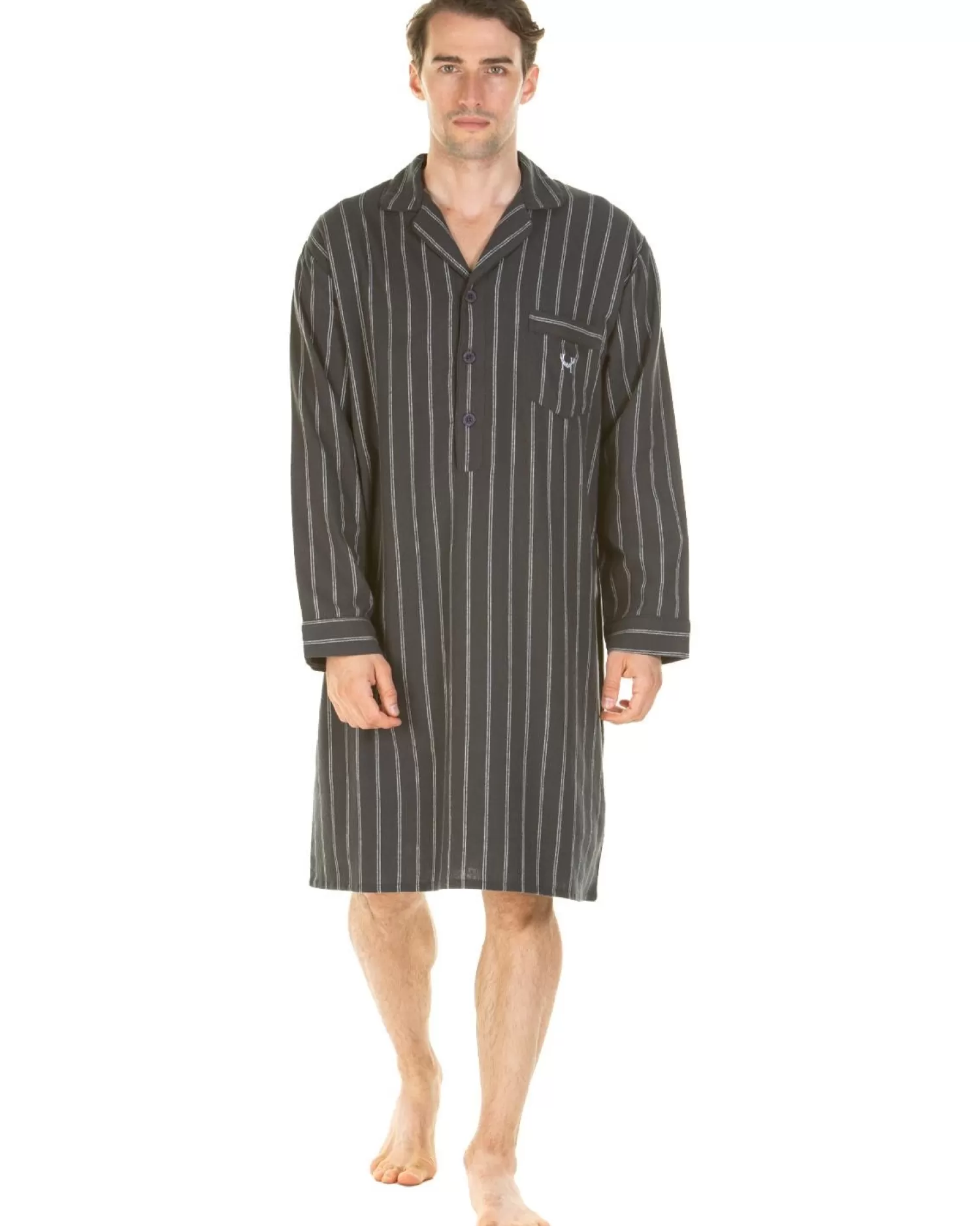 Men Haigman Brushed 100% Cotton Nightshirt - Charcoal Stripe