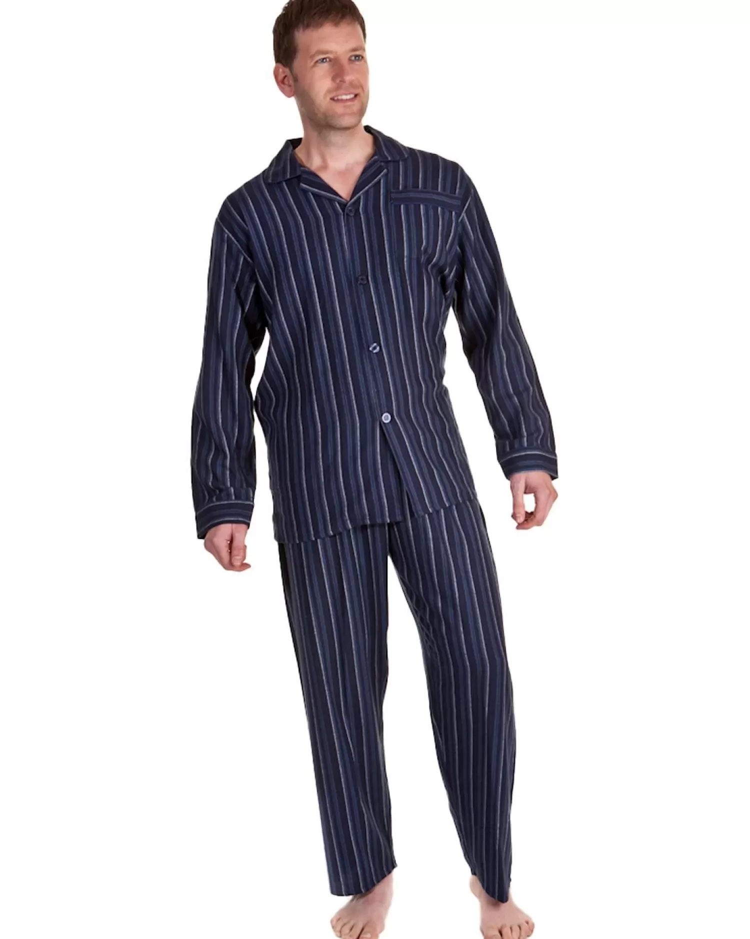 Men Haigman Brushed 100% Cotton Pyjamas - Navy/Blue Stripe