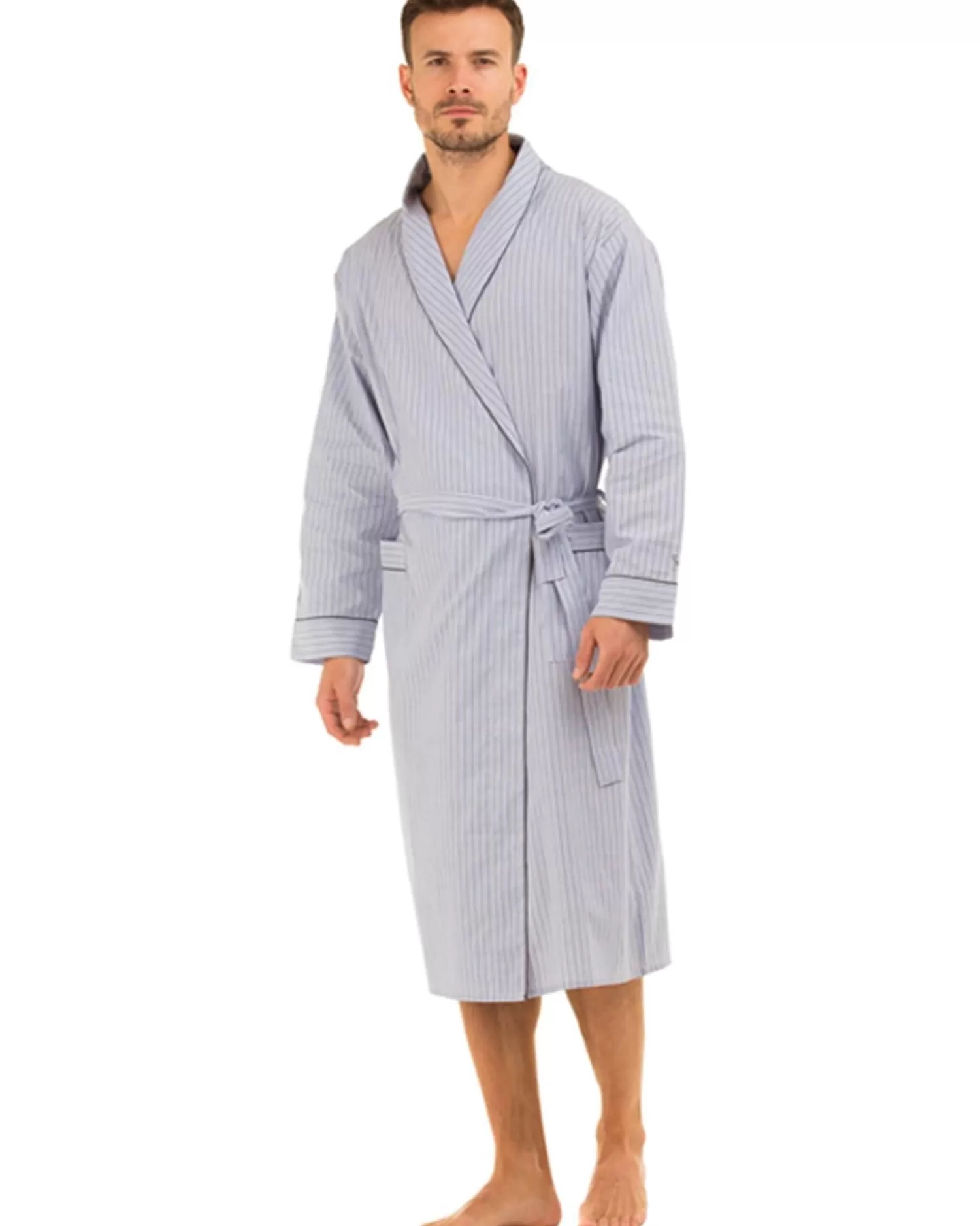 Men Haigman Poplin 100% Cotton Dressing Gown - Blue/Grey Stripe