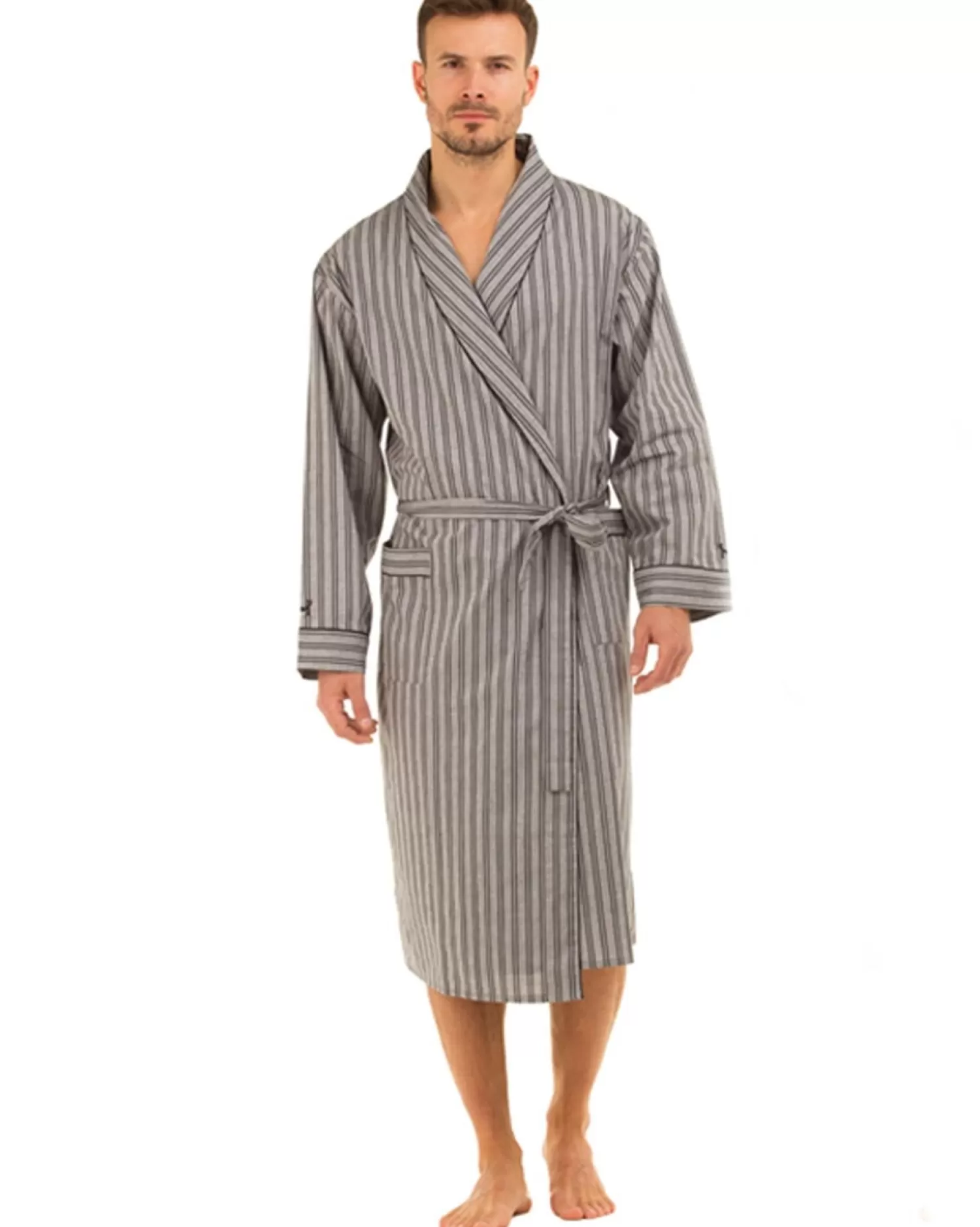 Men Haigman Poplin 100% Cotton Dressing Gown - Grey/Black Stripe