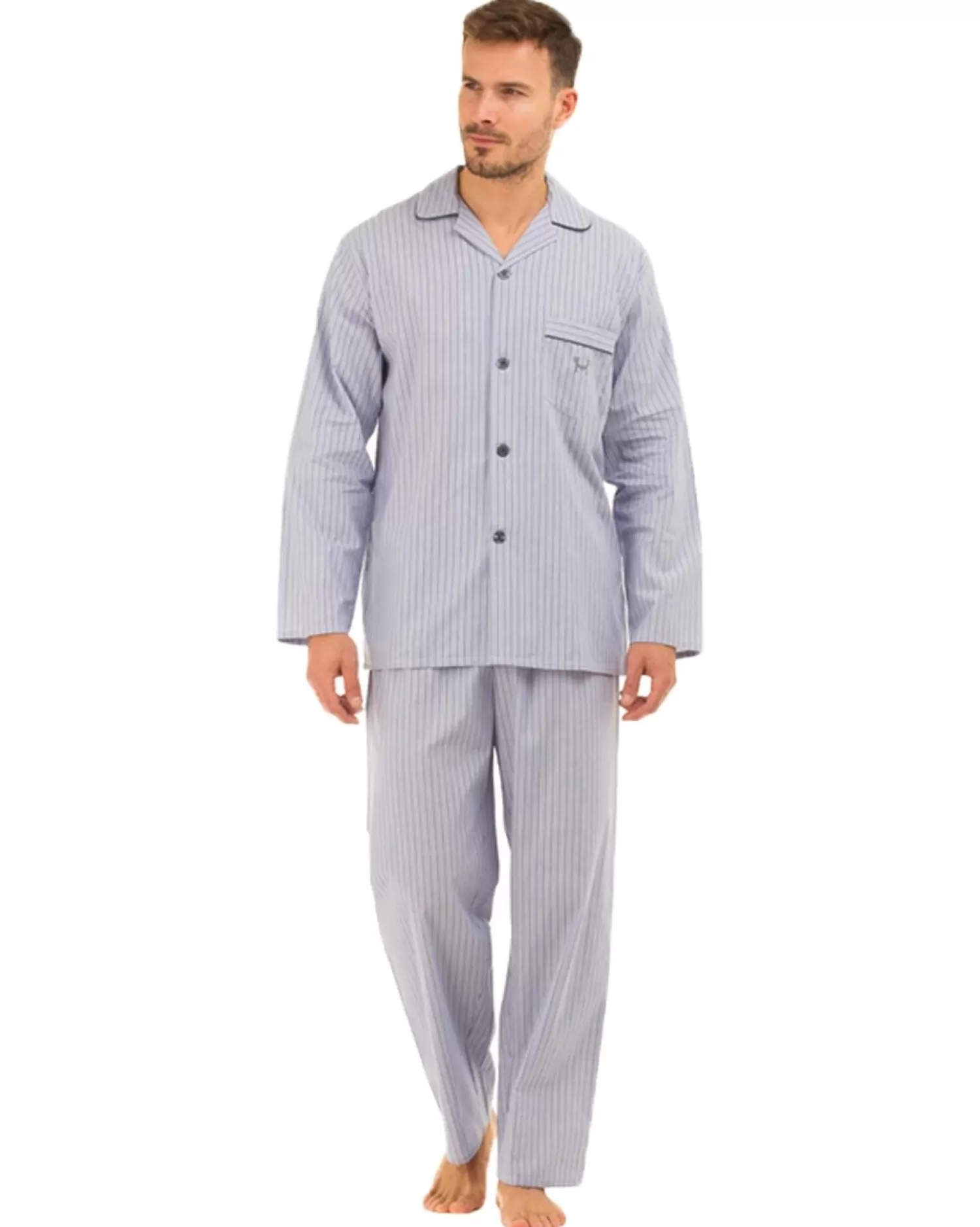 Men Haigman Poplin 100% Cotton Pyjamas - Blue/Grey Stripe