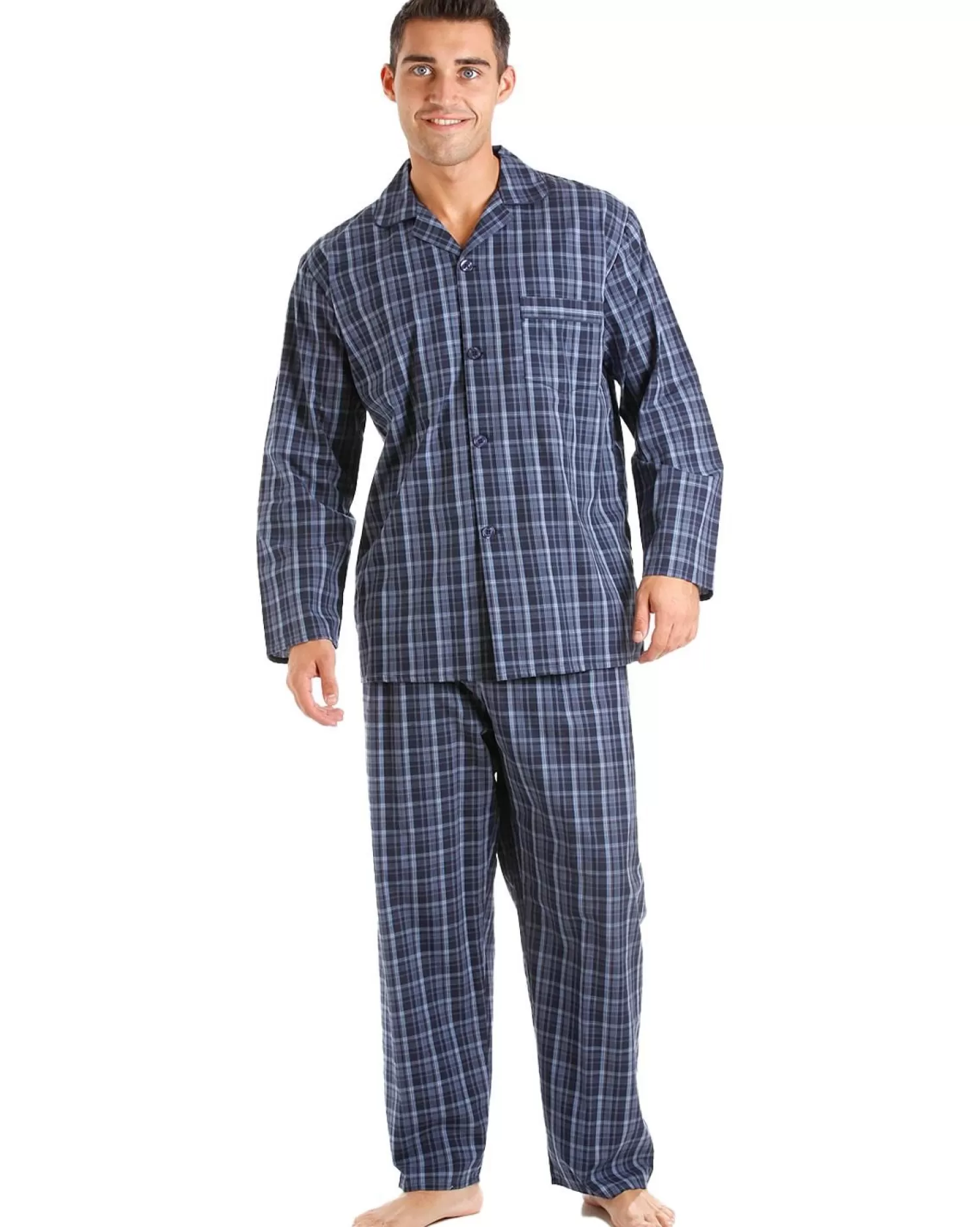 Men Haigman Poplin 100% Cotton Pyjamas - Blue/Navy Check