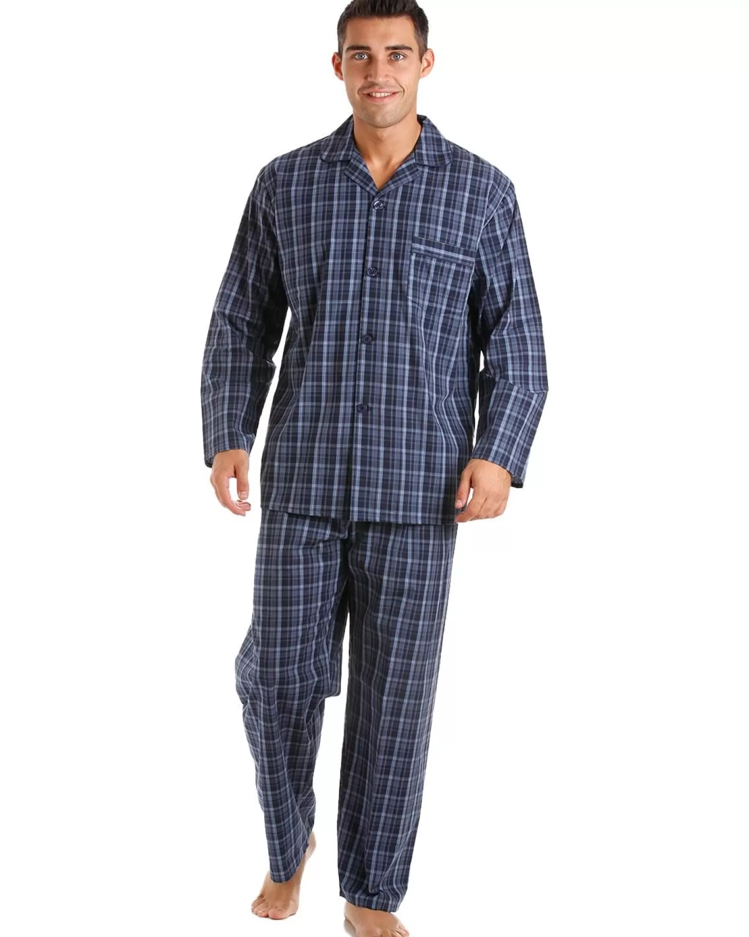 Men Haigman Poplin 100% Cotton Pyjamas - Blue/Navy Check