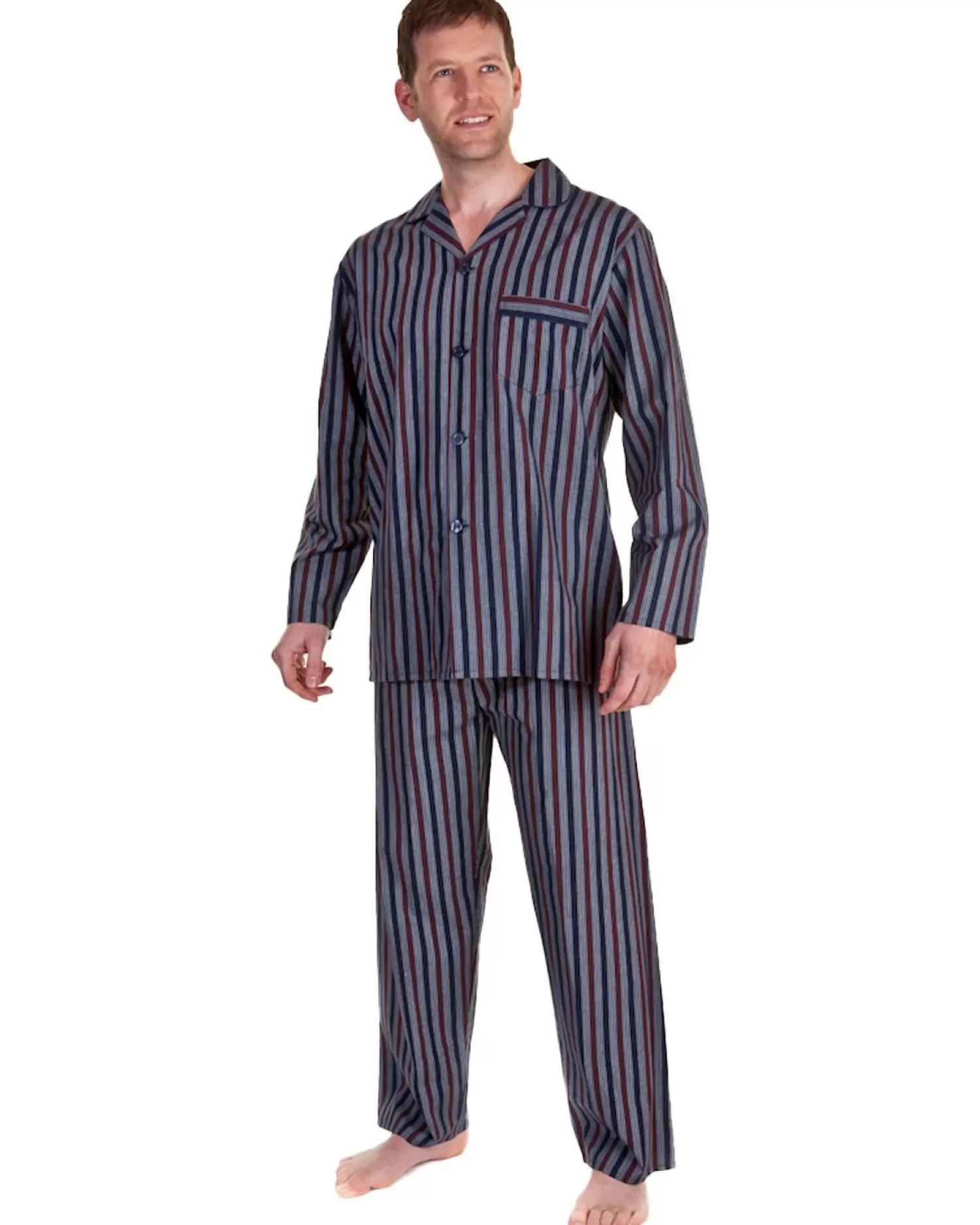 Men Haigman Poplin 100% Cotton Pyjamas - Navy/Burgundy Stripe