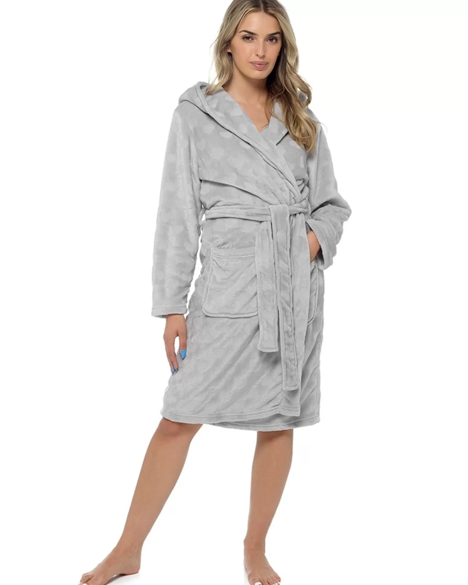 Foxbury Dressing Gowns | Heart Embossed Hooded Tie Waist Dressing Gown - Grey