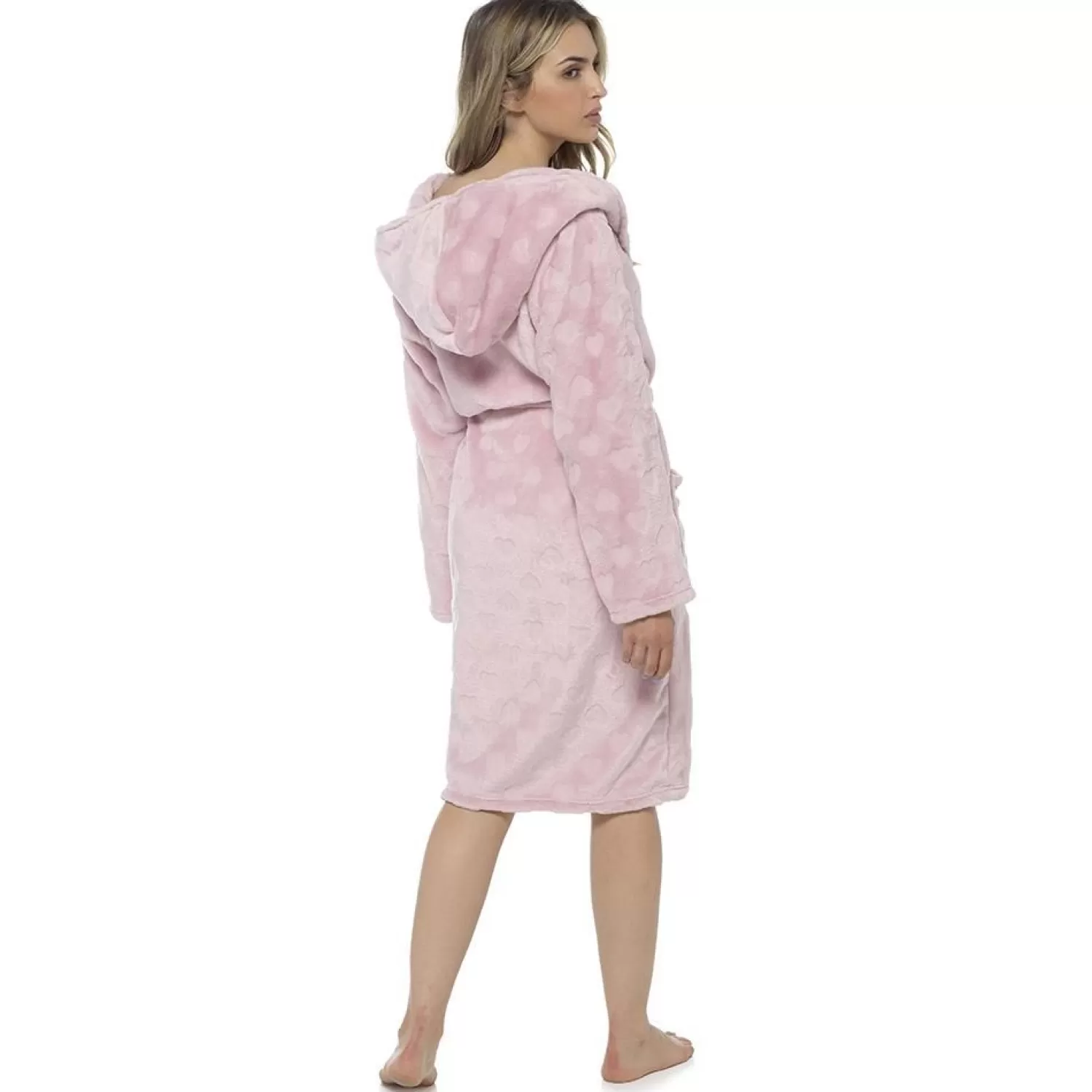 Foxbury Dressing Gowns | Heart Embossed Hooded Tie Waist Dressing Gown - Pink