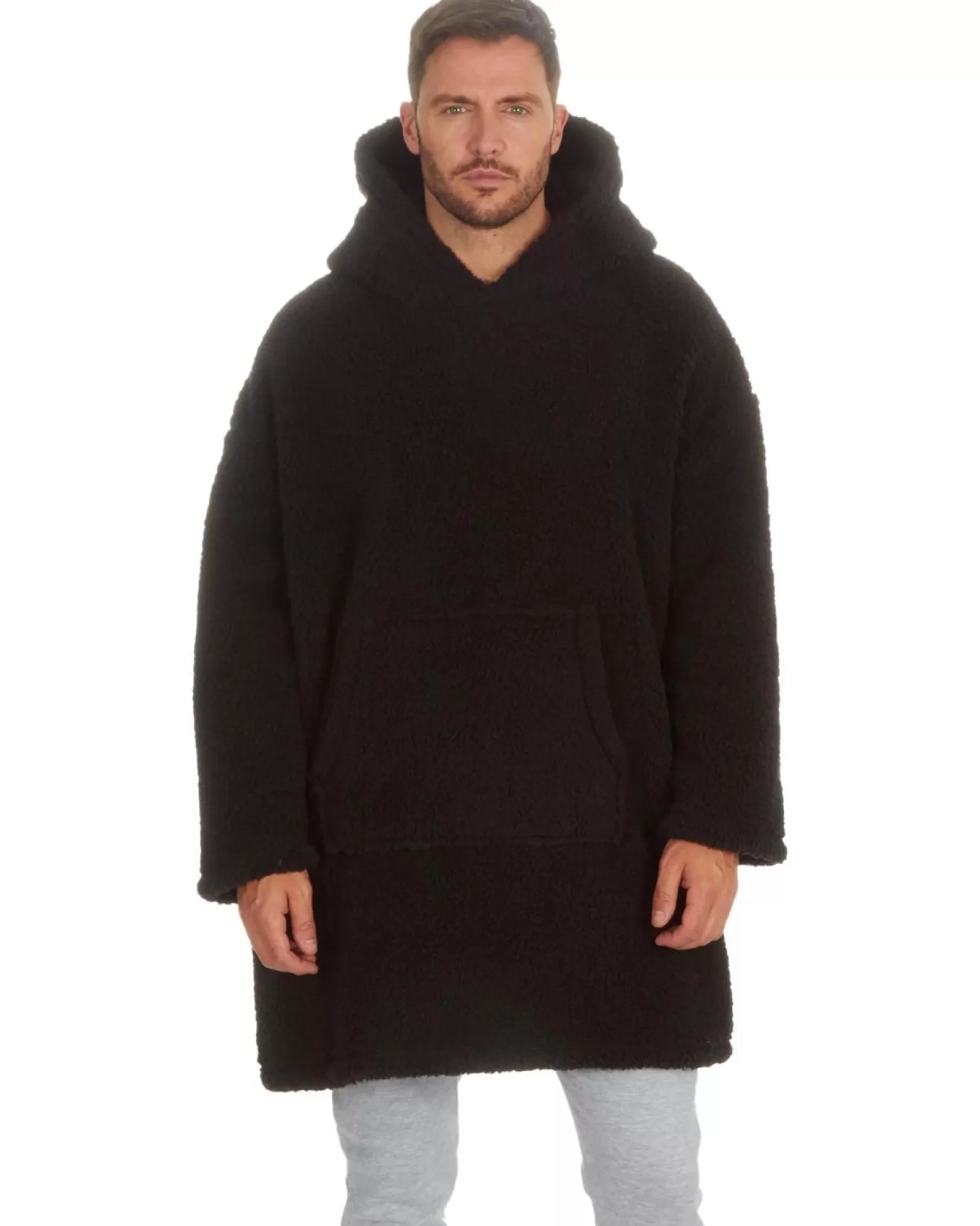 Men Huggable Borg Fleece Oversized Blanket Hoodie - Black