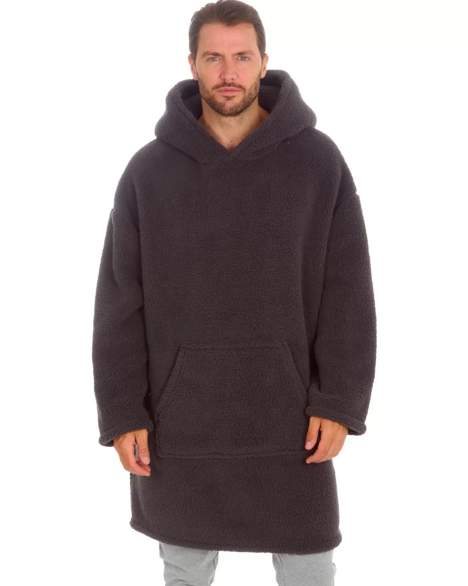 Men Huggable Borg Fleece Oversized Blanket Hoodie - Charcoal