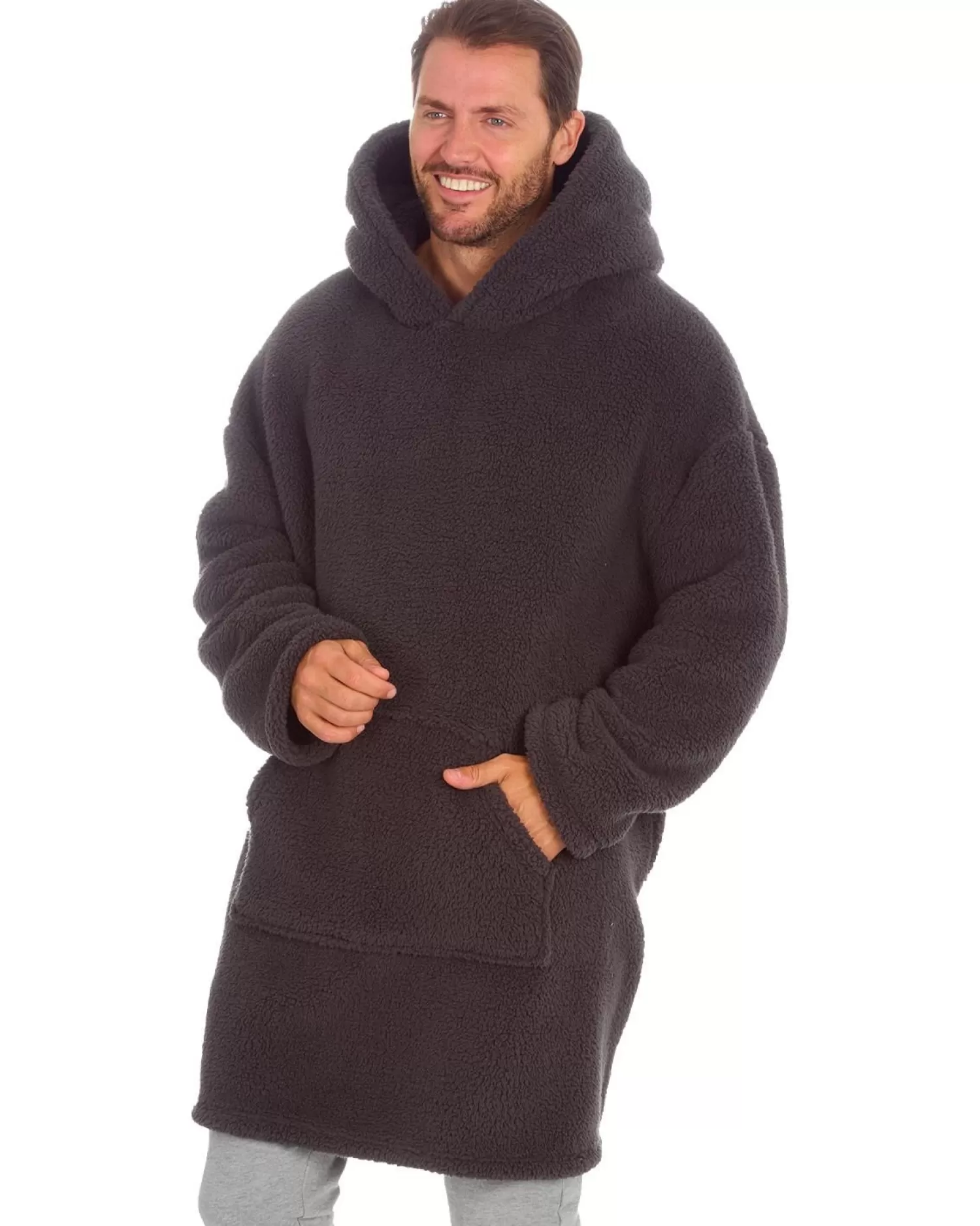 Men Huggable Borg Fleece Oversized Blanket Hoodie - Charcoal