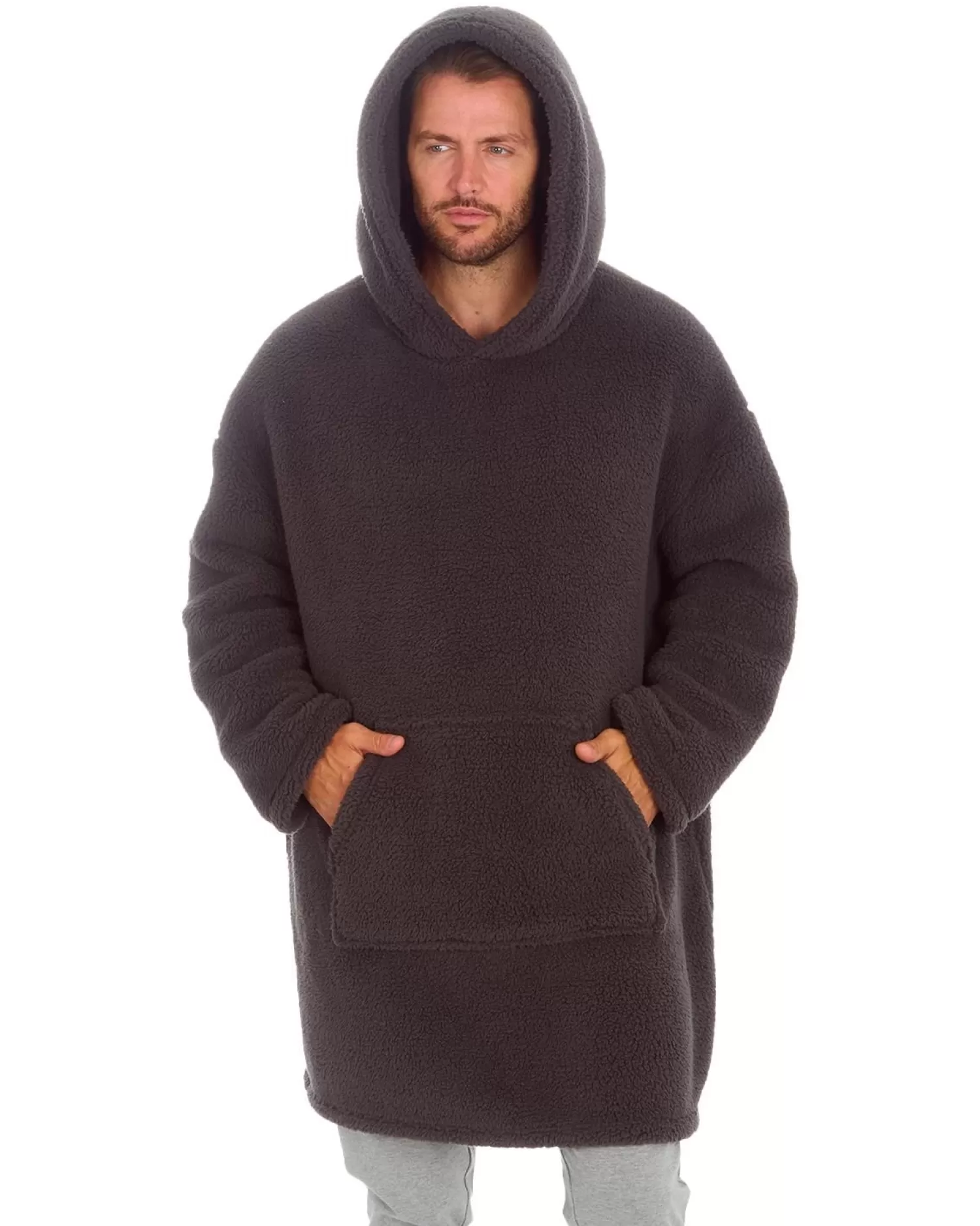 Men Huggable Borg Fleece Oversized Blanket Hoodie - Charcoal