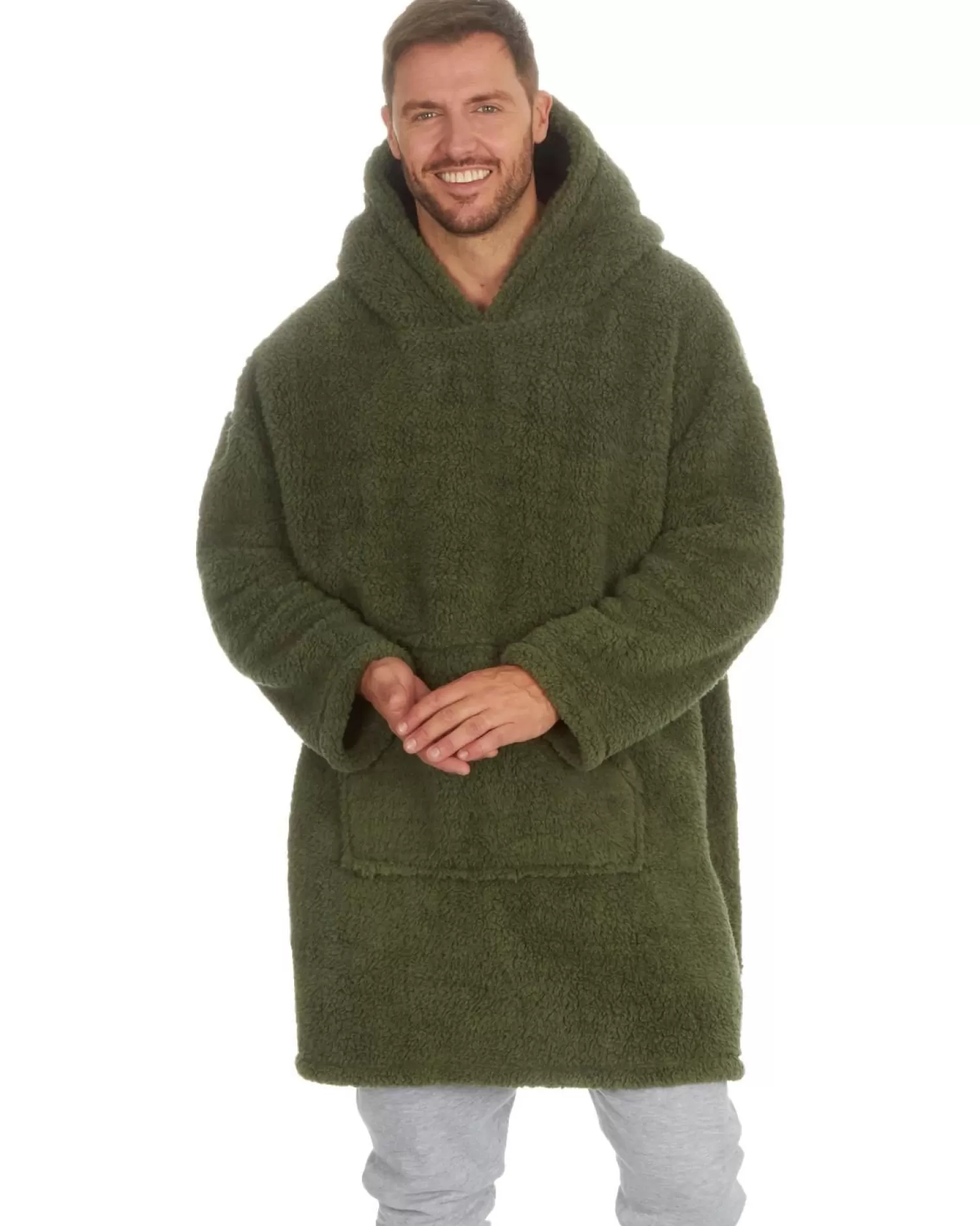 Men Huggable Borg Fleece Oversized Blanket Hoodie - Olive