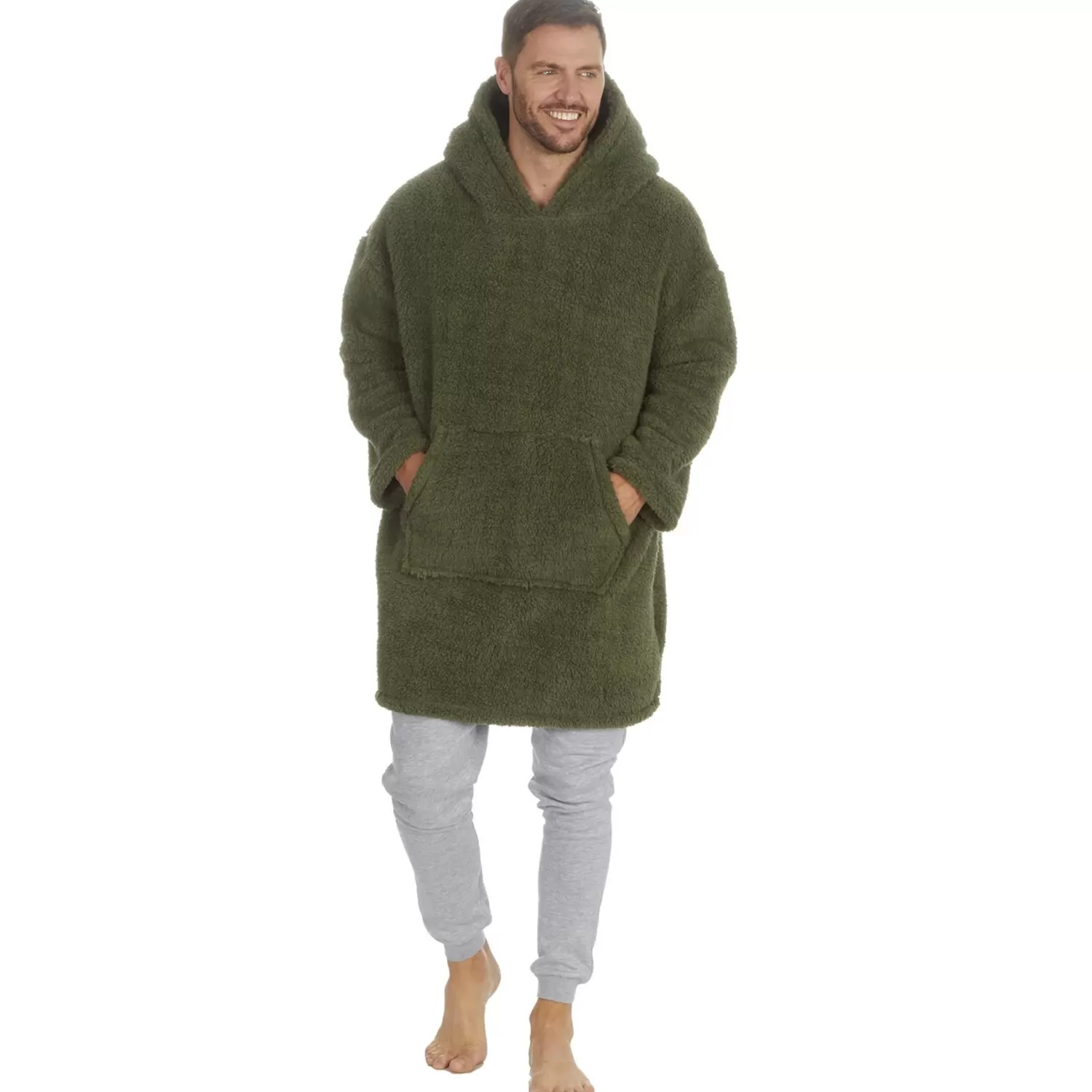 Men Huggable Borg Fleece Oversized Blanket Hoodie - Olive