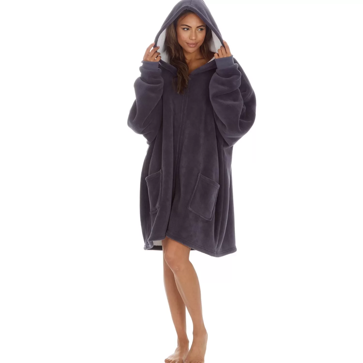 Huggable Loungewear | Oversized Sherpa Lined Zip Hoodie - Charcoal