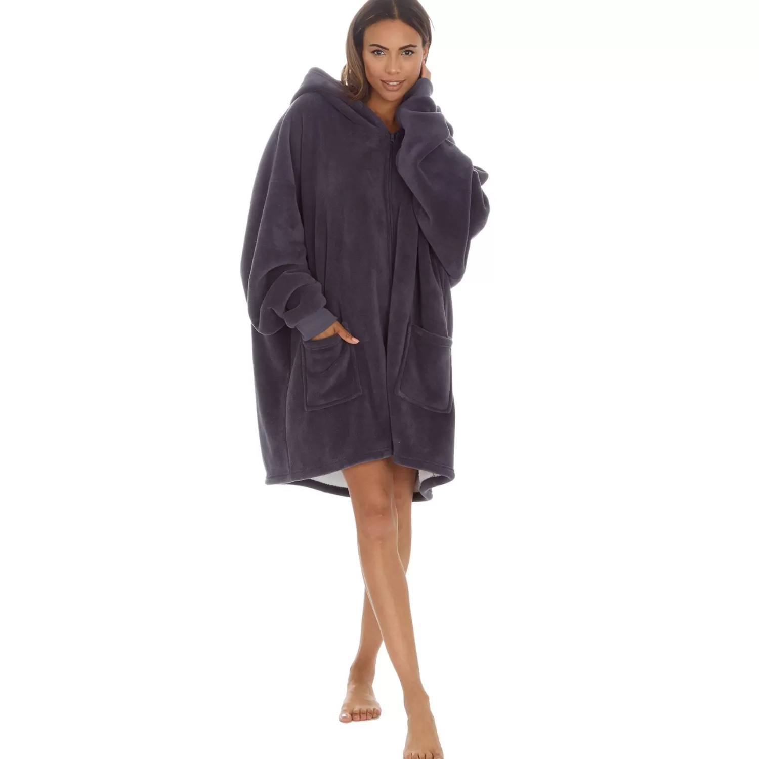 Huggable Loungewear | Oversized Sherpa Lined Zip Hoodie - Charcoal