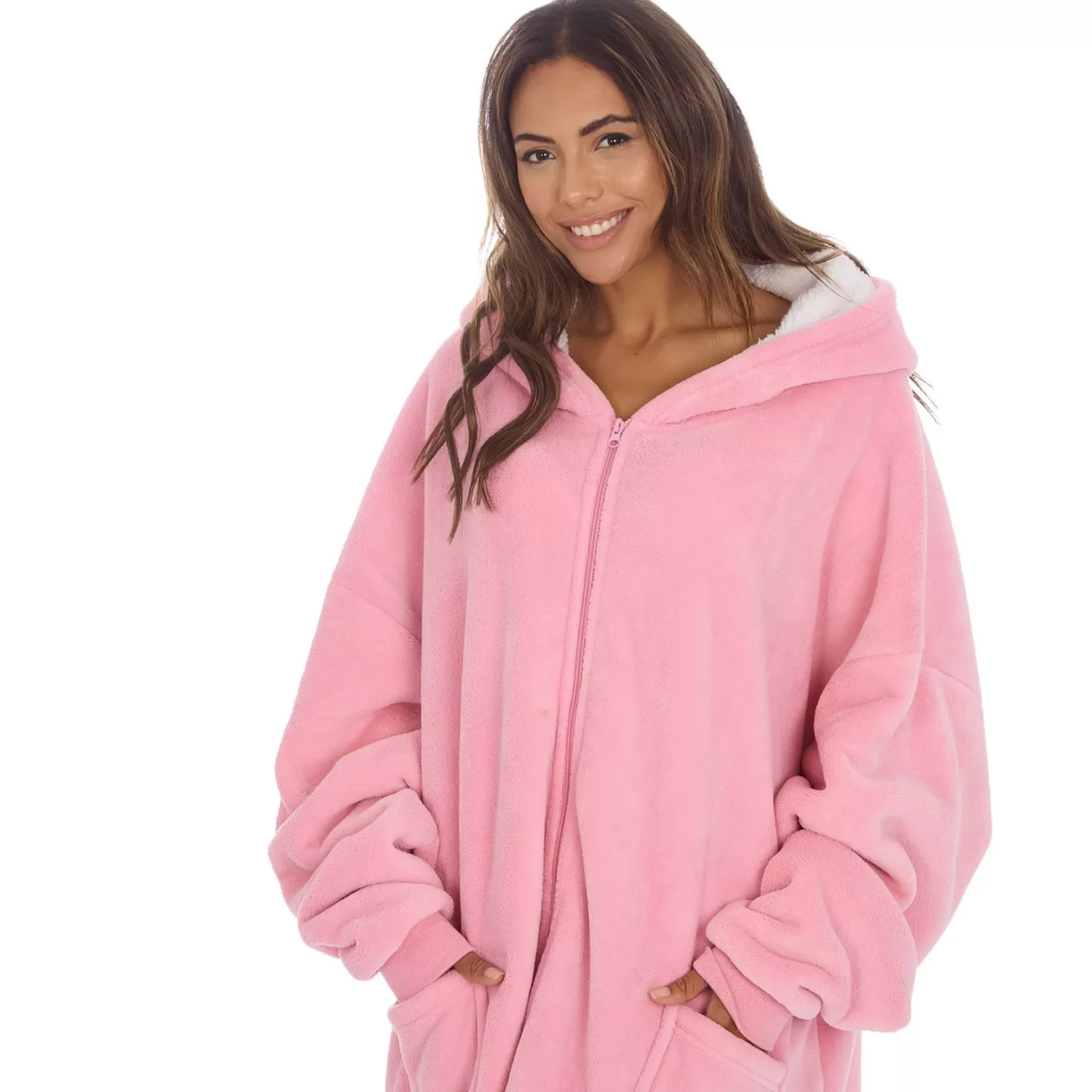 Huggable Loungewear | Oversized Sherpa Lined Zip Hoodie - Pink