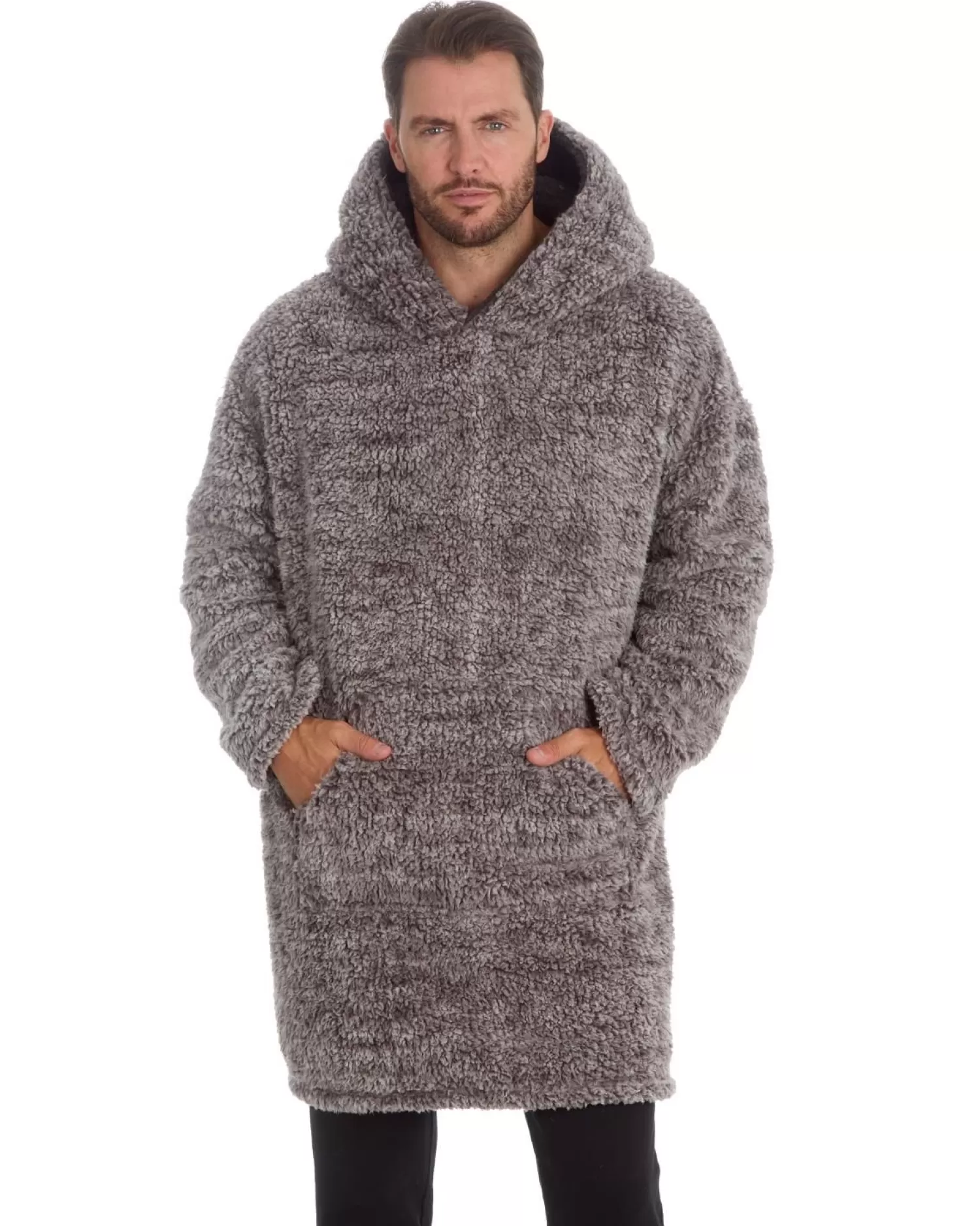 Men Huggable Sherpa Fleece Oversized Blanket Hoodie - Grey