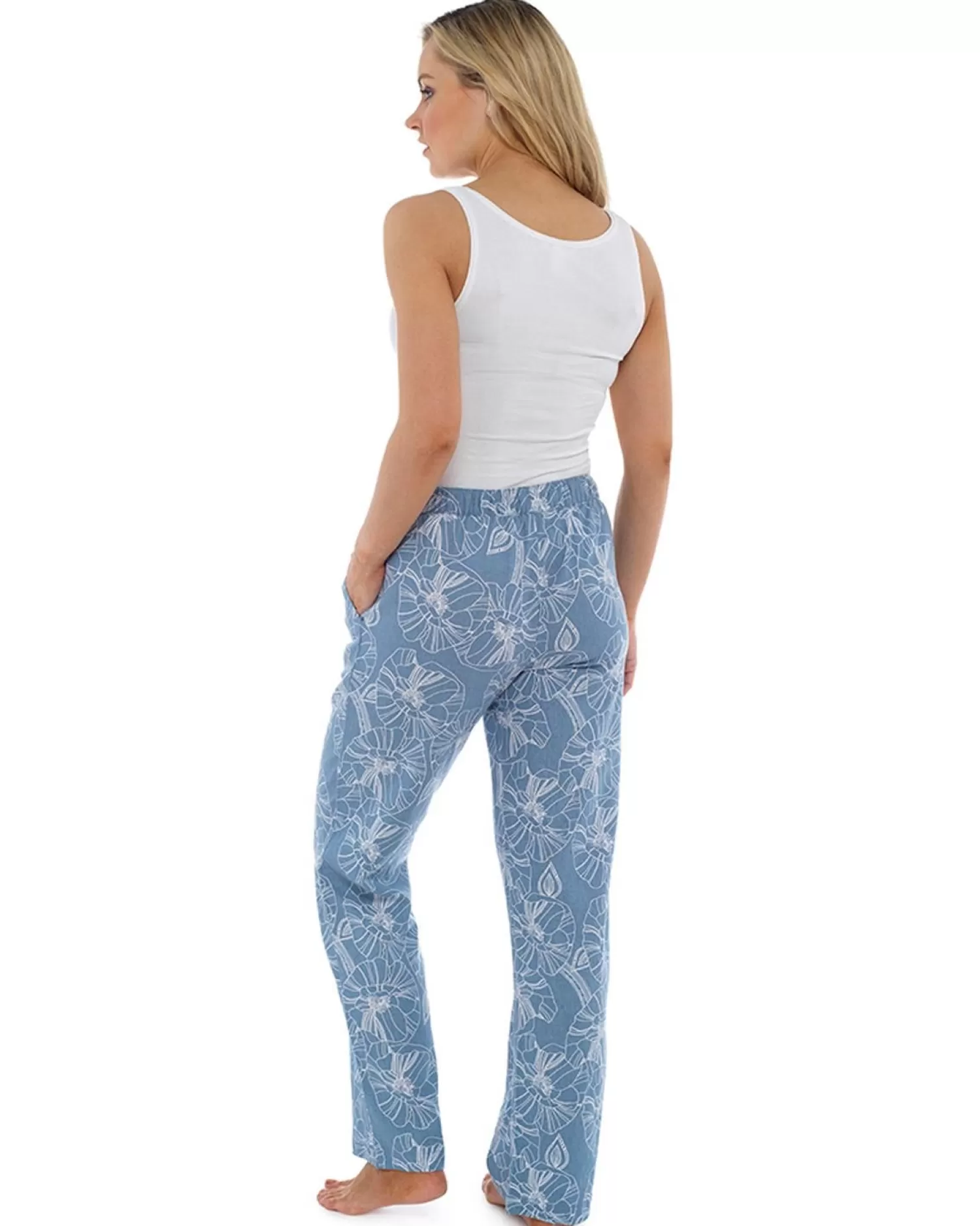 Indigo Roc Trousers | Elasticated Waist Linen Trousers - Blue Floral