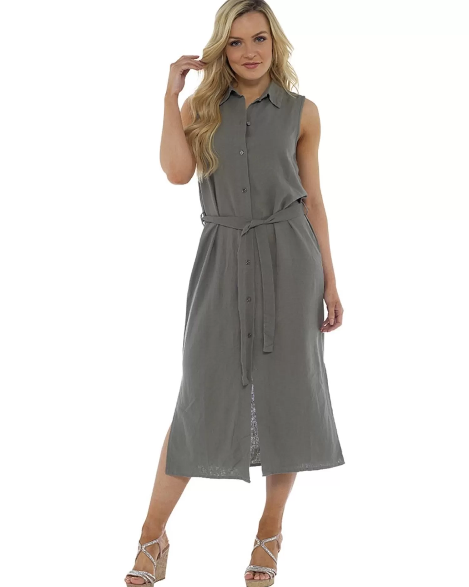 Indigo Roc Dresses | Linen Button Front Dress - Khaki