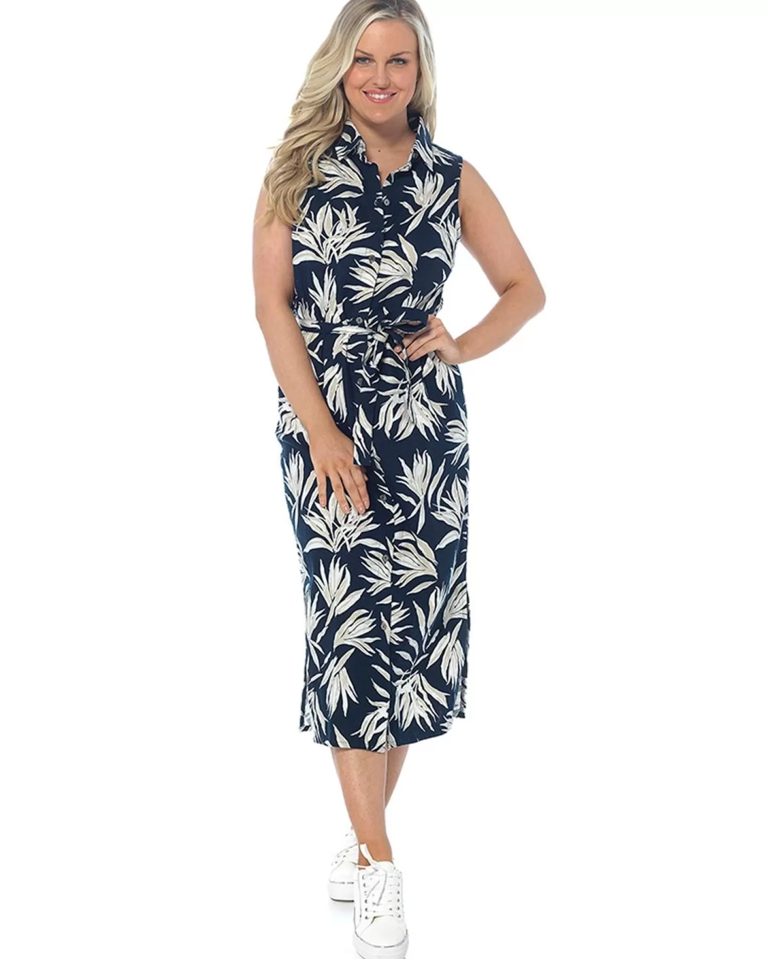 Indigo Roc Dresses | Linen Button Front Dress - Navy Print