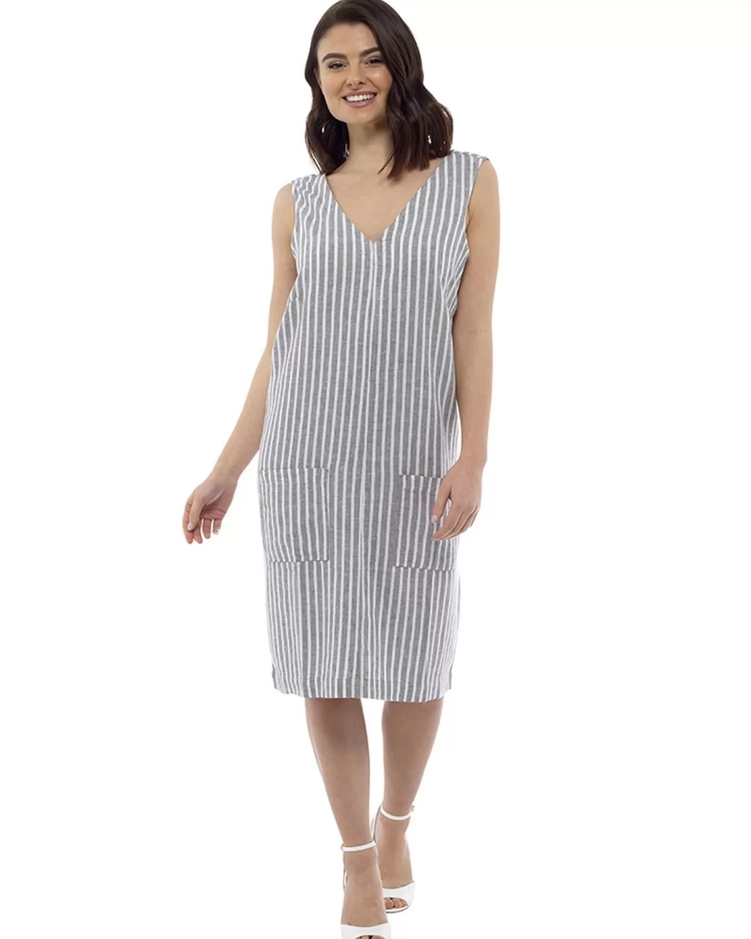 Indigo Roc Dresses | Linen Shift Dress - Grey Stripe