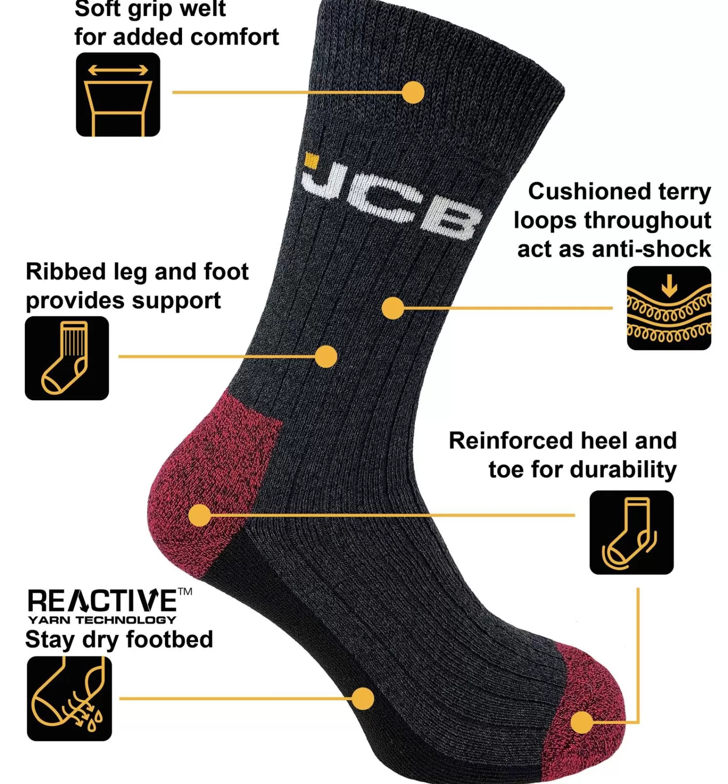 Men JCB Mens 3 Pack Coloured Heel Boot Socks