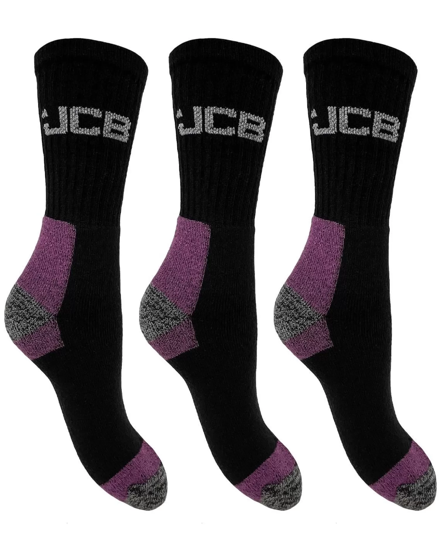 JCB Socks | Womens 3 Pack Workwear Apparel Socks - Black/Purple