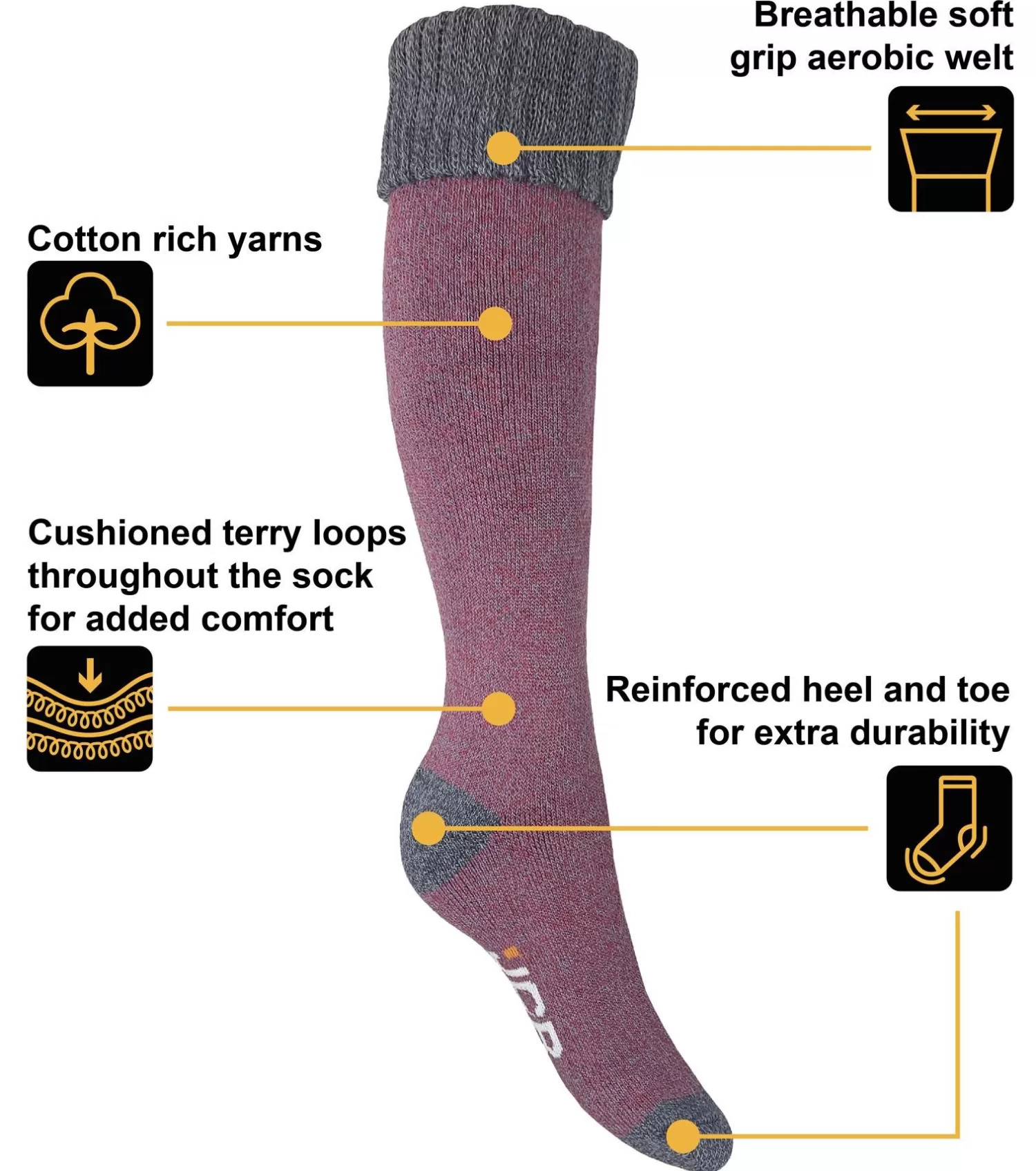 JCB Socks | Womens Welly Boot Socks - Purple/Grey