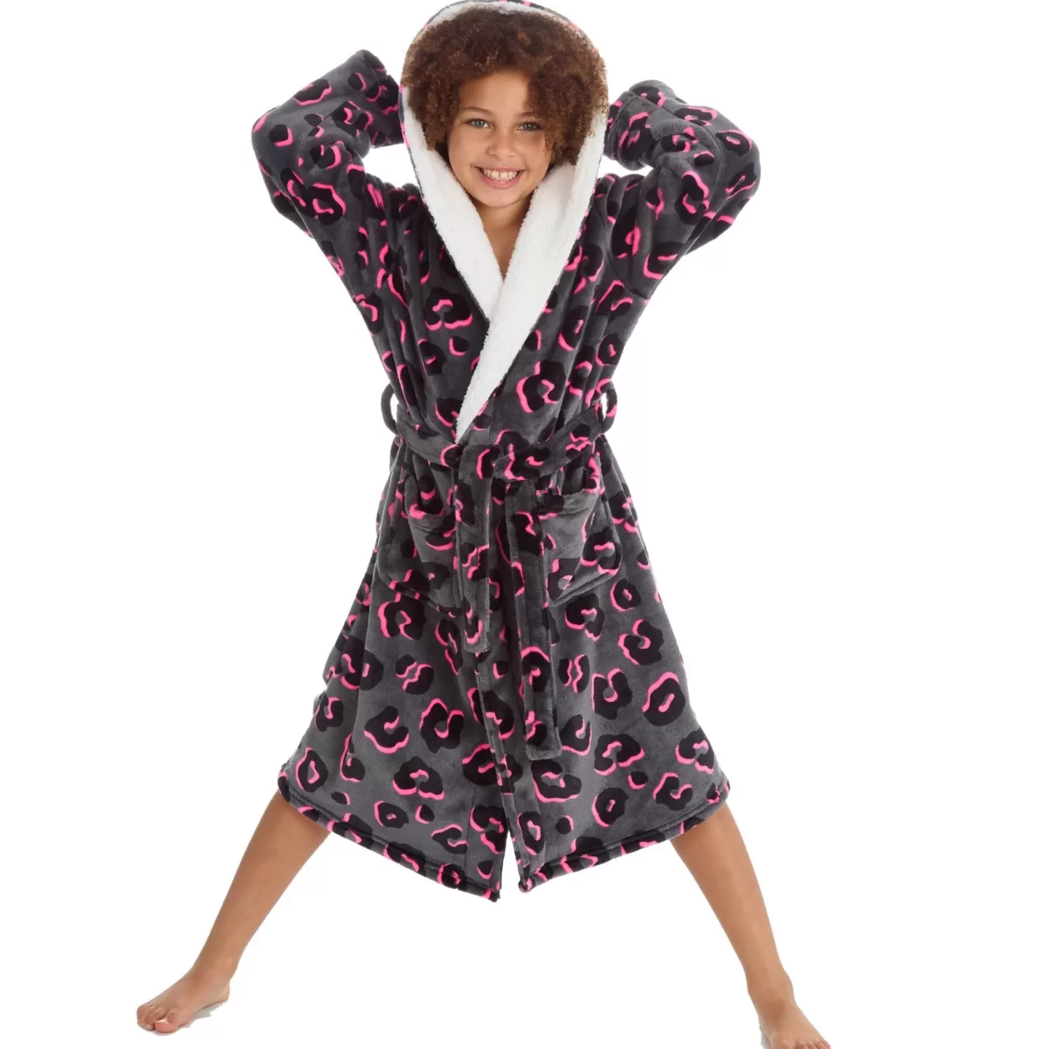 Kids Slumber Party Kids Grey Neon Leopard Dressing Gown