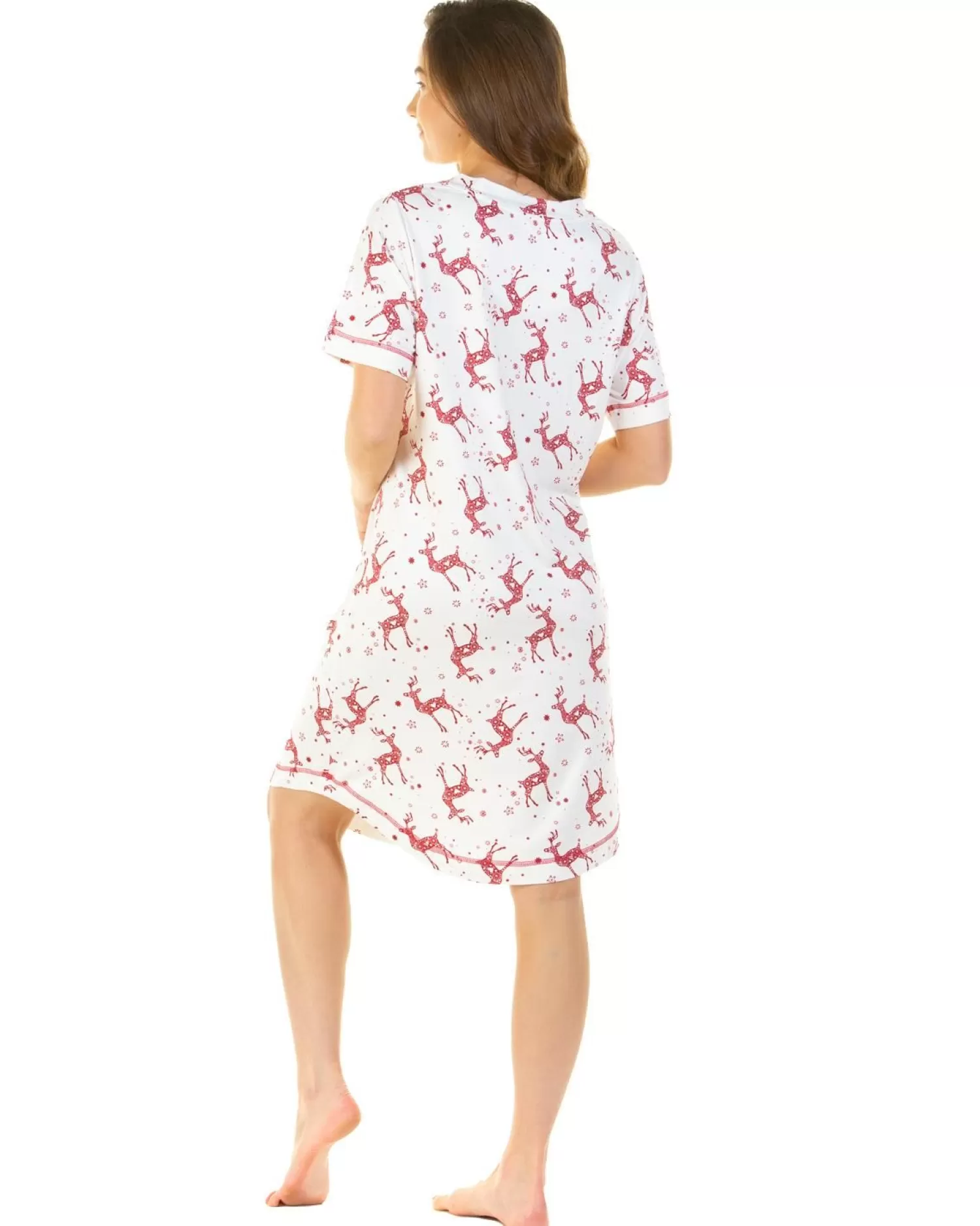 La Marquise Nighties | Festive Prints Short Sleeve Nightie - Ivory Reindeers