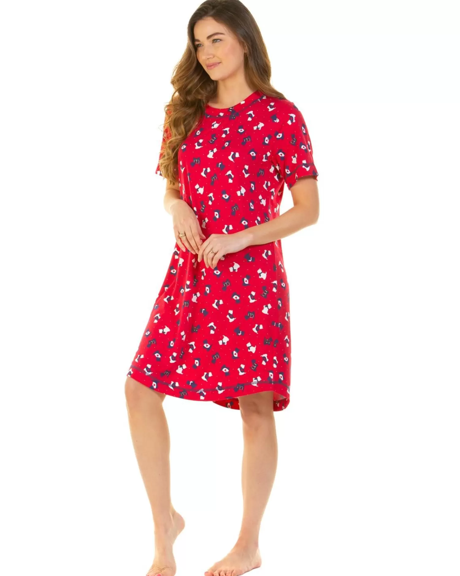 La Marquise Nighties | Festive Prints Short Sleeve Nightie - Red Scotty Dogs