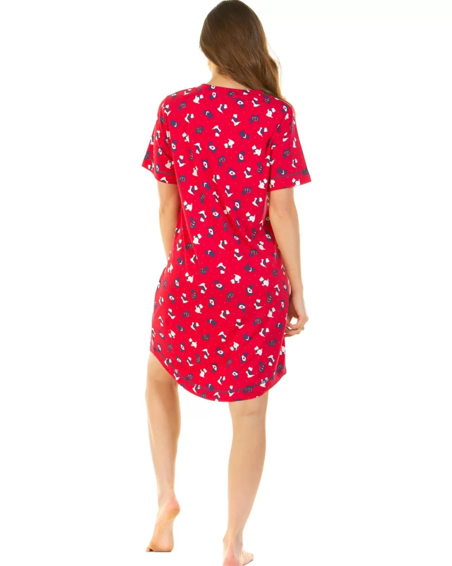 La Marquise Nighties | Festive Prints Short Sleeve Nightie - Red Scotty Dogs