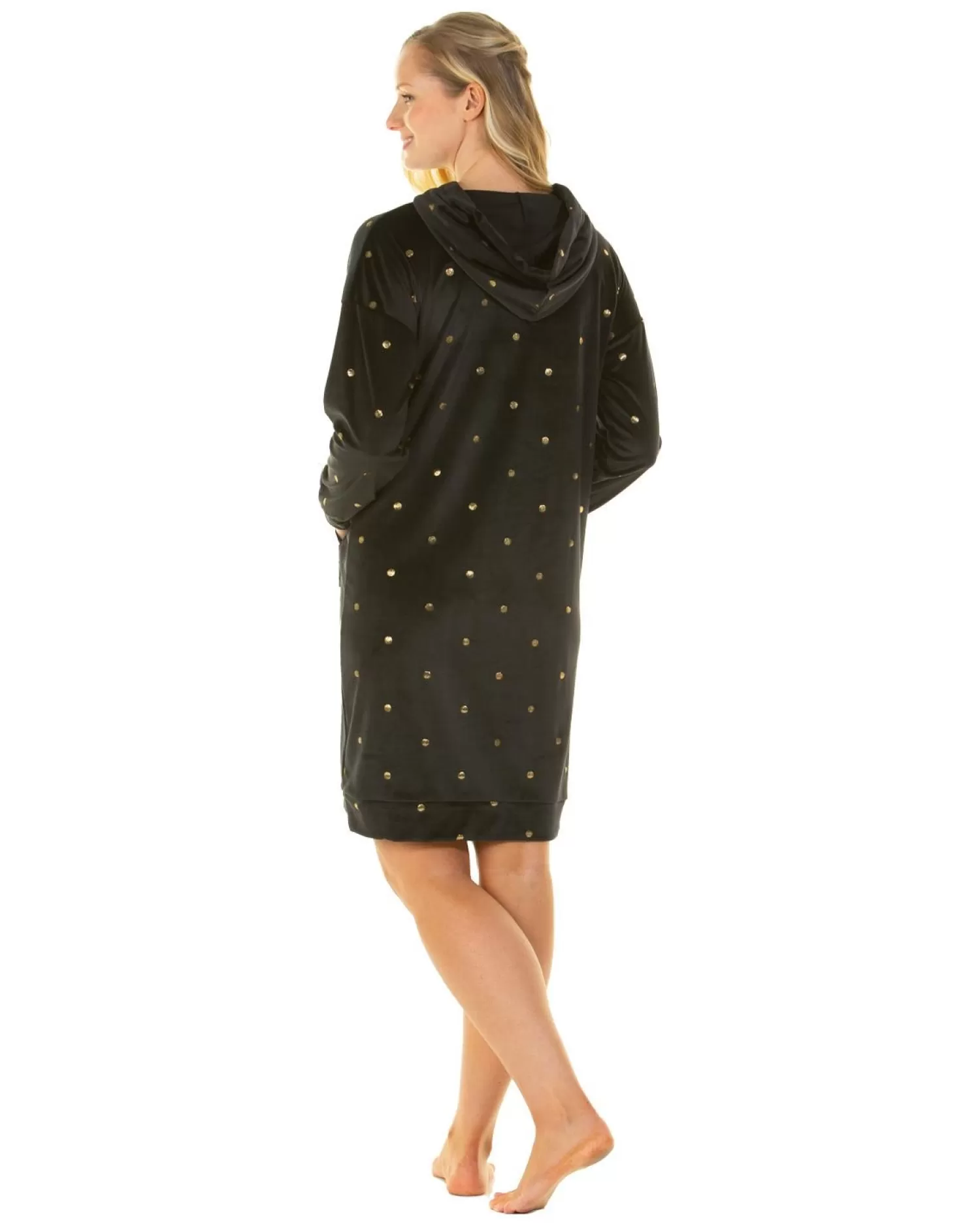 La Marquise Nighties | Gold Dot Velour Hooded Nightie - Black